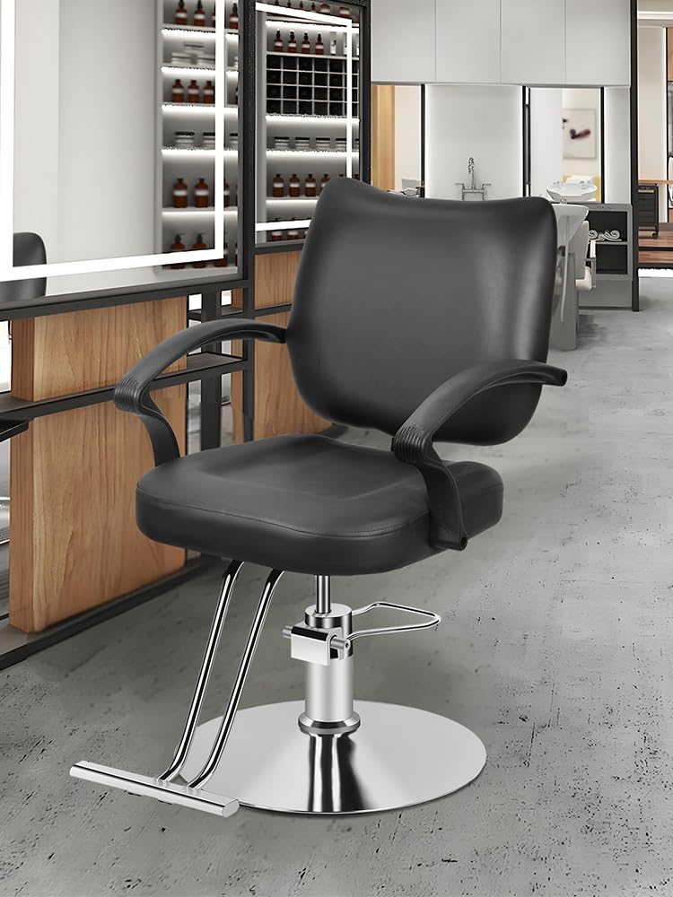 Professioneller Friseurstuhl, um 360 ° drehbar, Höhe verstellbar mit Hydraulikpumpe, ergonomische Halterung, rutschfeste Basis aus verchromtem Stahl, Bezug aus schwarzem Kunstleder