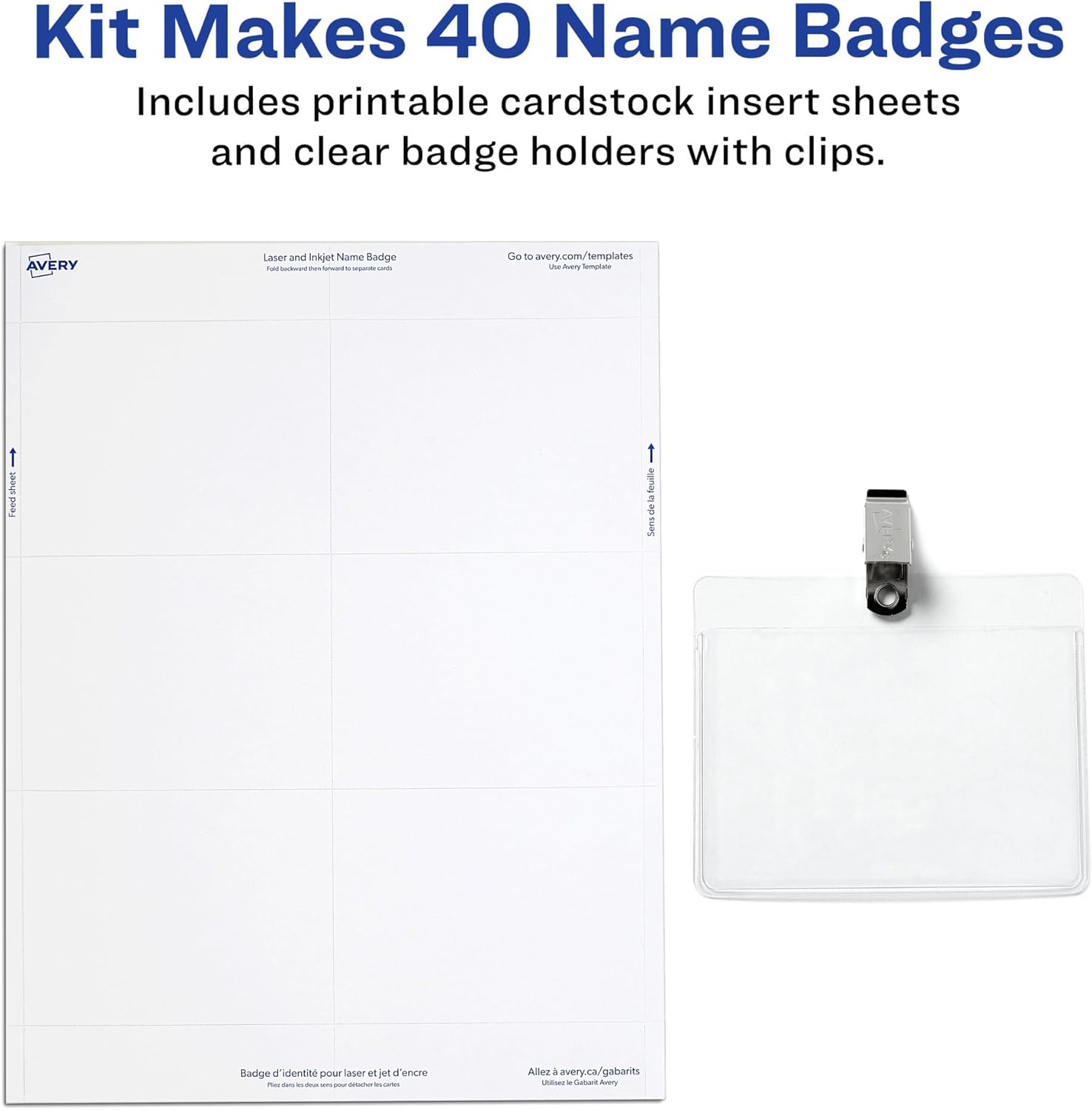 Avery Customizable Name Tag, Clip Style, 3" x 4", Clear Name Badge Holders, White Laser/Inkjet Printable Inserts, 40 Total (5384)