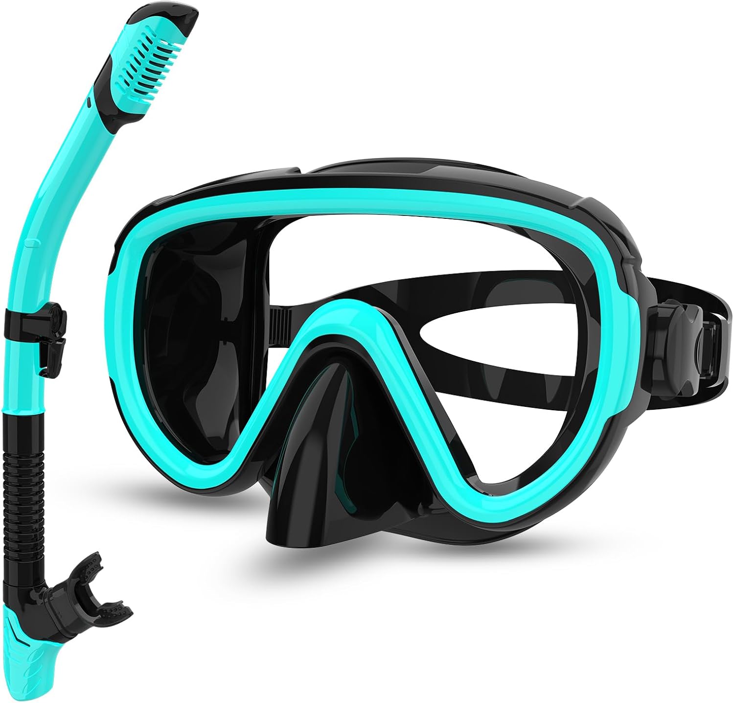 Bairuifu 2024 Version Professional Snorkeling Gear for Adults, Dry Snorkel Set, Anti-Fog/Panoramic View/Anti-Leak Tempered Glass Scuba Diving Mask, Professional Snorkel Mask Lightblue frame with black headband