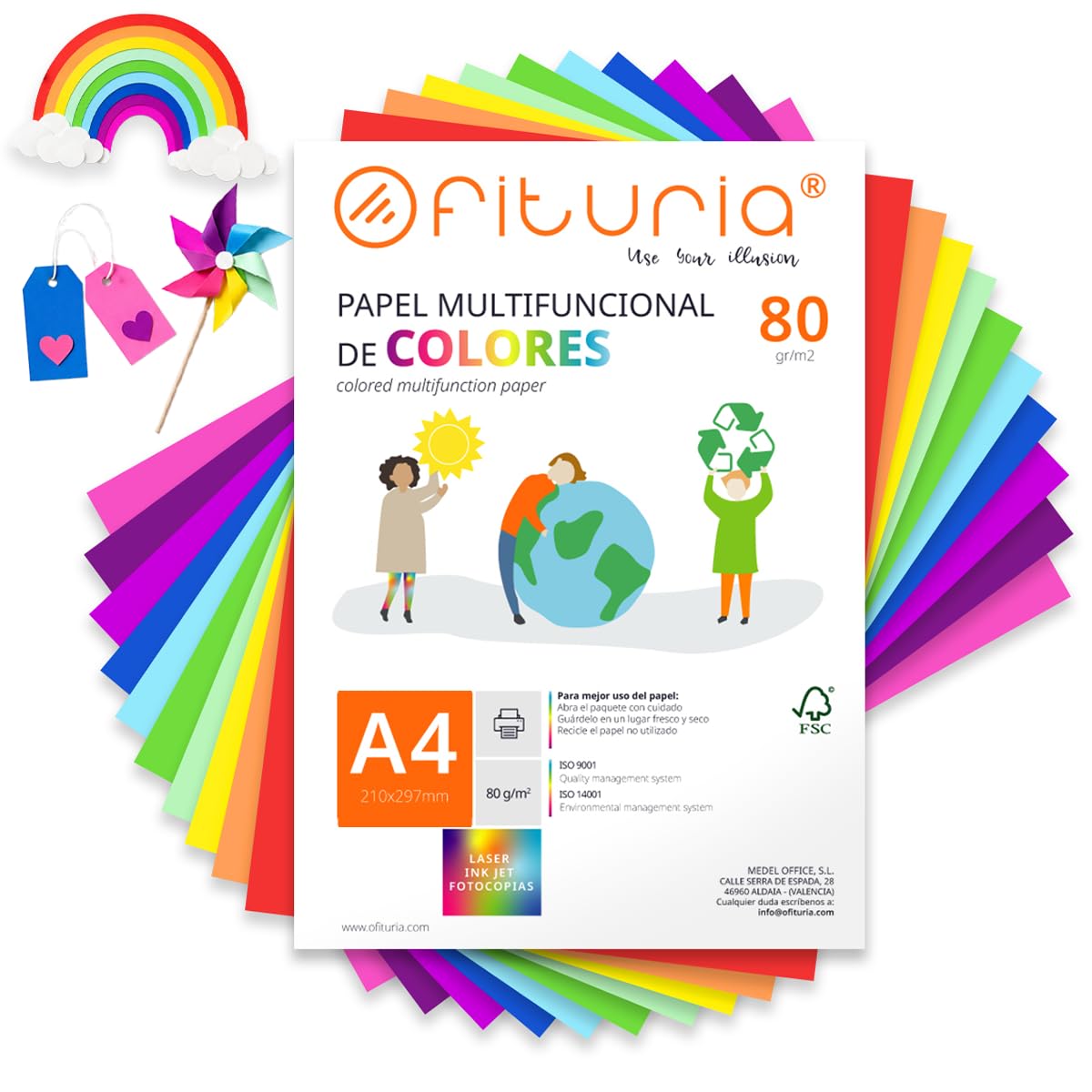OFITURIA Fogli Colorati A4 80gr, 500 Fogli – Carta Hobby (Arcobaleno) | Carta Colorata per Hobby Creativi. Rosso, Arancione, Giallo, Verde Chiaro, Verde, Azzurro, Blu Scuro, Lilla, Viola e Rosa.
