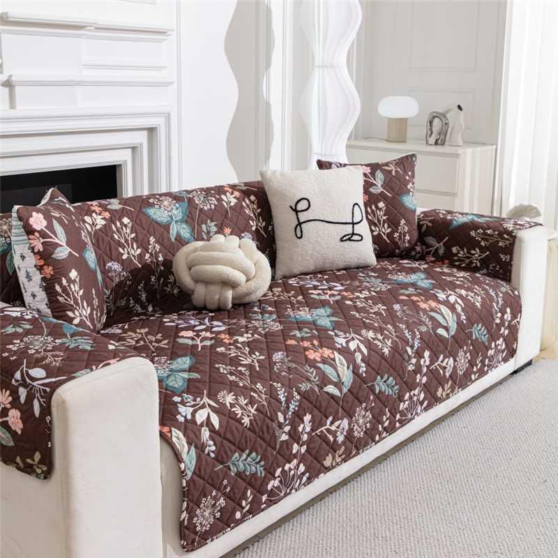 Image of HOMETHREADS Premium Style Anti Slip Sofa Cover Set | Cotton Sofa Slipcover | 1Pc Front Cover with Attached Armrest + 1Pc Back Cover (Dark Brown Flower, 3 Seater | 175x185cm)