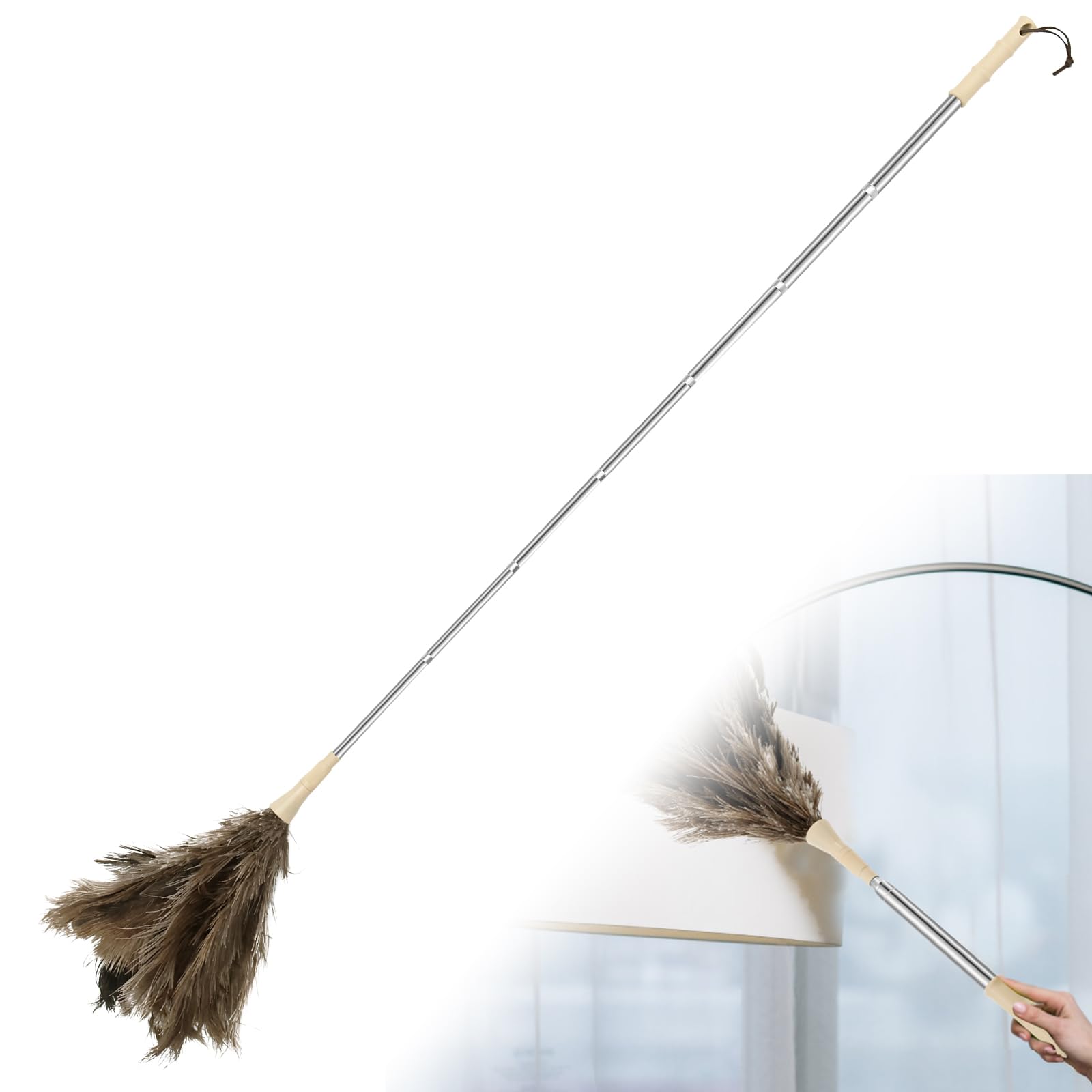 Lulobtg White Extendable Ostrich Feather Duster, 115Cm Washable Duster With Retractable Handle, Anti Static Telescopic Feather Dusters For Office Cleaning High Ceilings, Furniture, Blinds, Roof Dusting