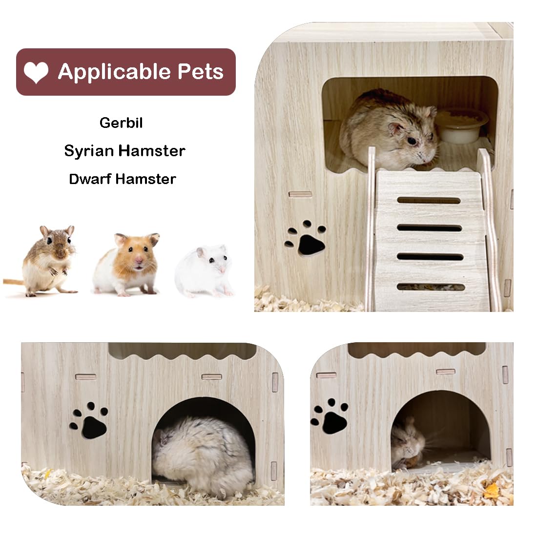 Maison Hamster, Maison en Bois pour Hamster Nains Hamster Syrien Rat Gerbille, 2 étages avec Échelle