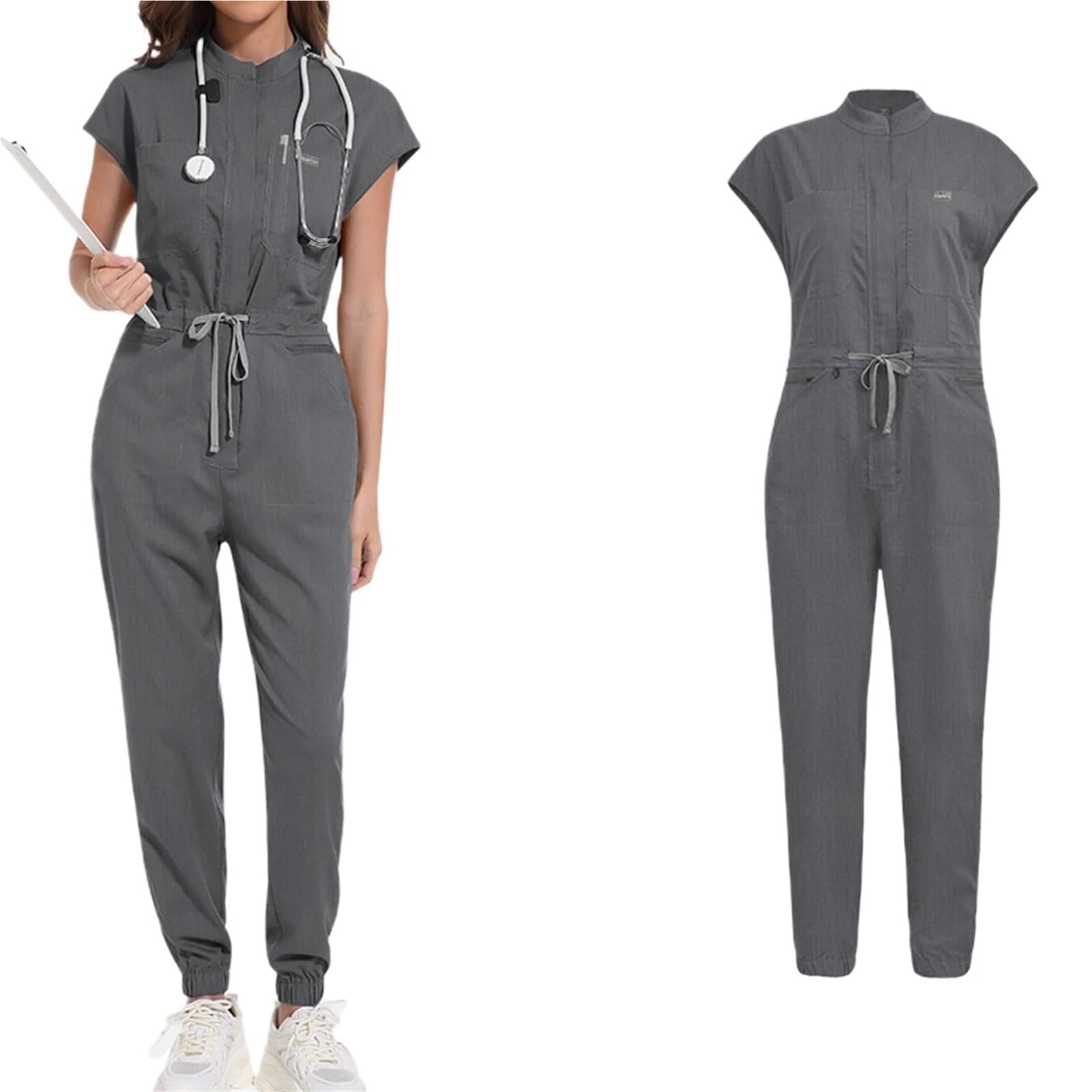 Tuta da Infermiera da Donna, Colletto alla Coreana, Senza Maniche, Coulisse in Vita, Uniforme Medica Multitasche, Abbigliamento da Lavoro Sanitario
