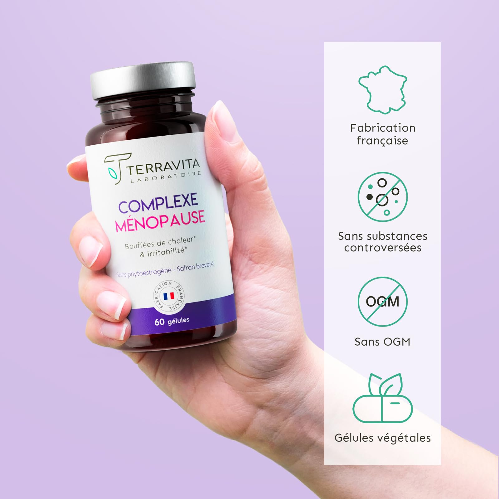 Complexe Ménopause | Sans Hormones | Avec Pollen et Safran Breveté | Bouffées de Chaleur, Fatigue, Stress et Variations d’Humeur | 60 Gélules | Made in France | Terravita