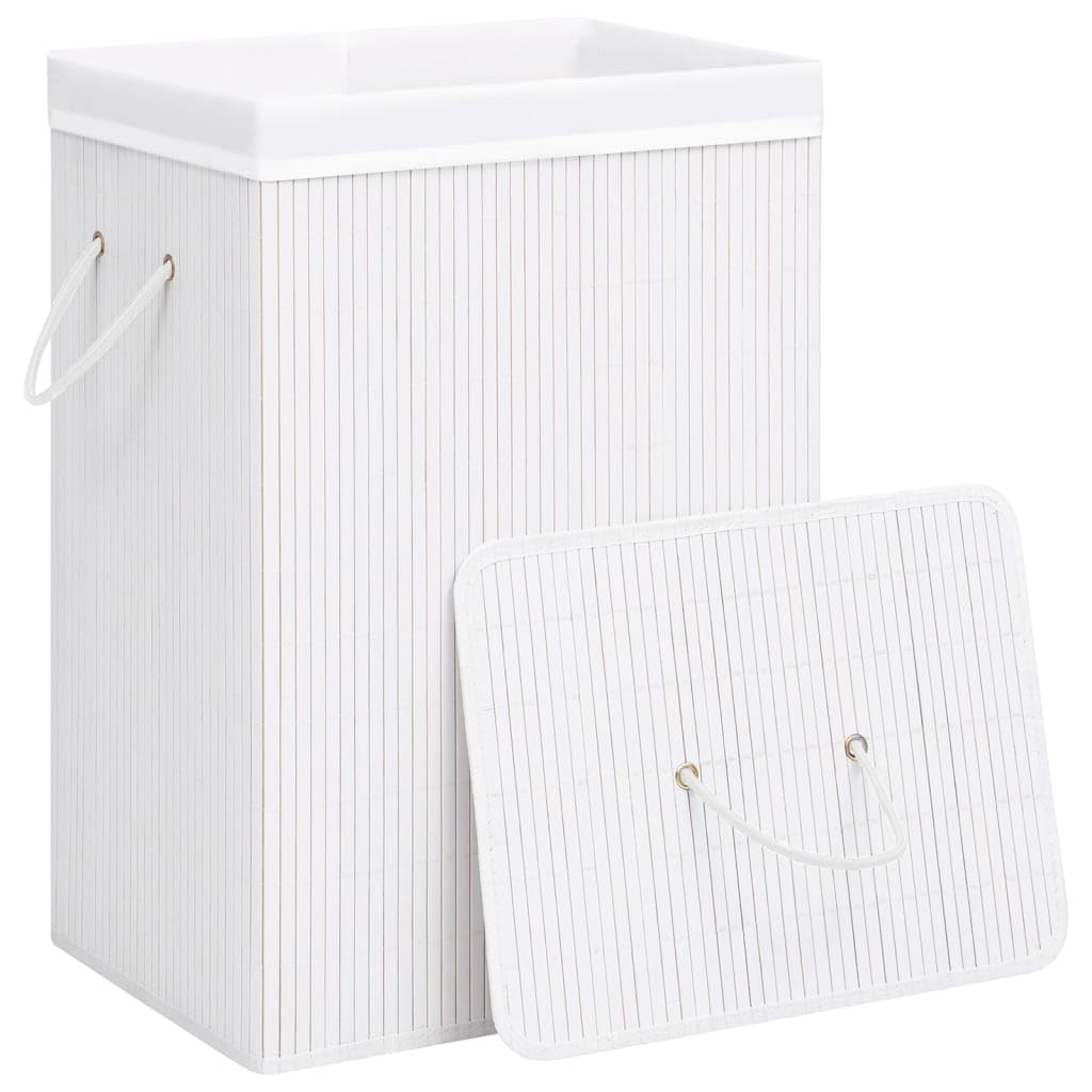 Generico Cesto para la ropa de bambú blanco rectangular 40 x 30 x 60 cm con revestimiento extraíble de tela, una sola sección, plegable con asas para organizar la ropa