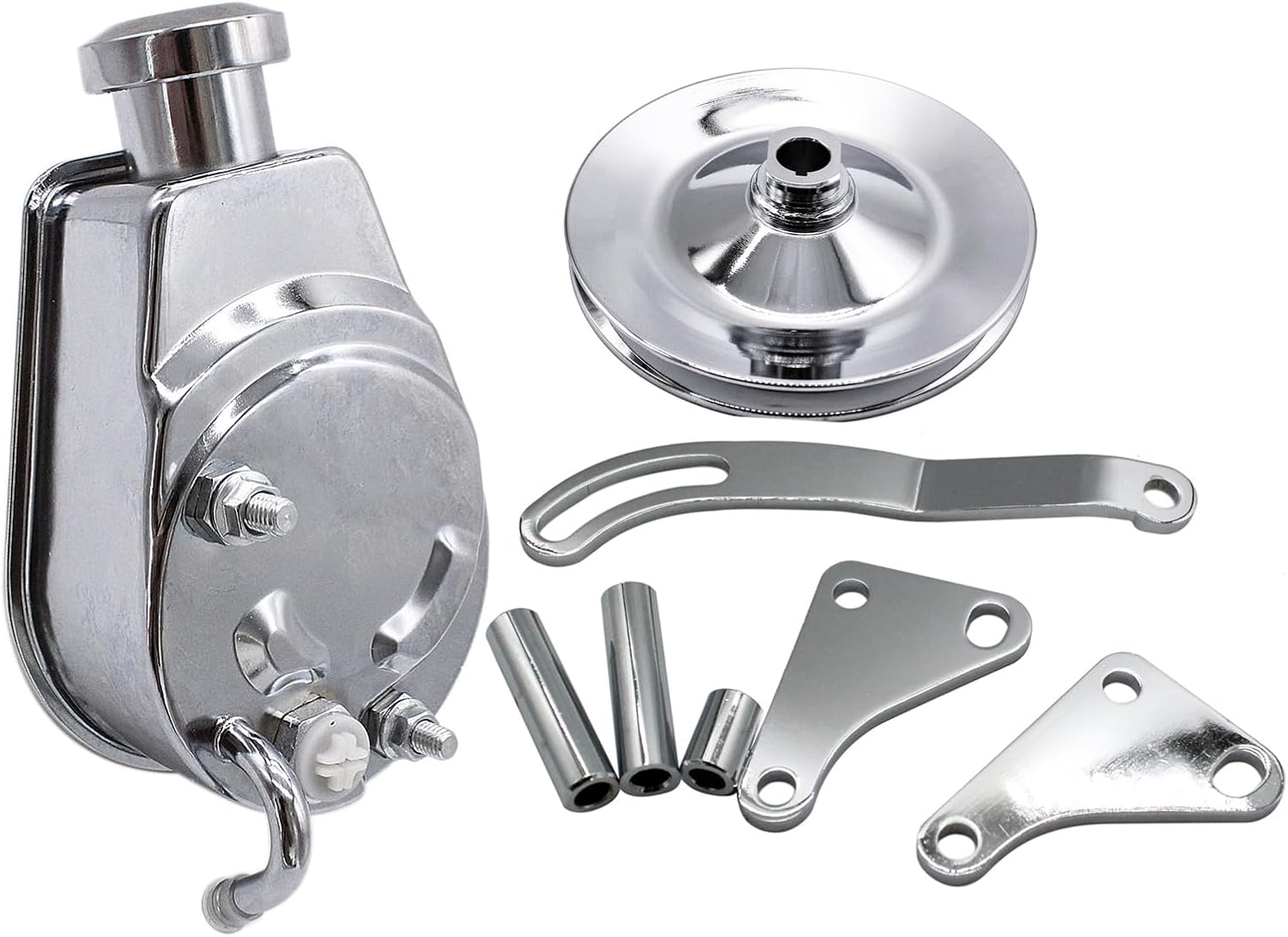 SBC Chrome Power Steering Pump & Bracket & Pulley Kit Compatible with Small Chevy Long Water Pump 265 283 305 327 350 383 400 Engines Replace Keyway style 5/8"