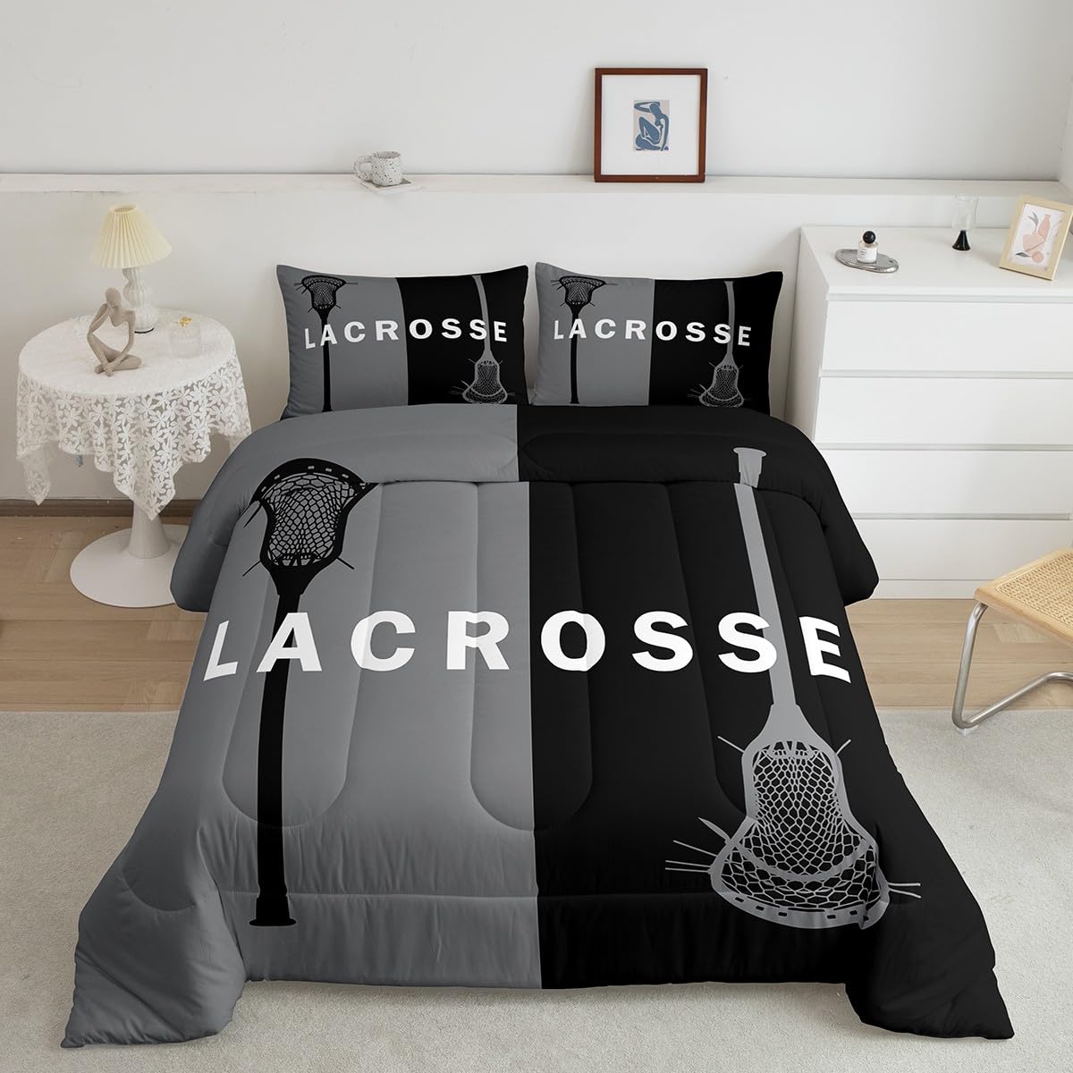 Lacrosse Comforter Ball Sports Theme Bedding Set for Boys Girls Lacrosse Player Games Comforter Set Grey Black Decor Quilt Set with 2 Pillowcases 3Pcs Bedding Full