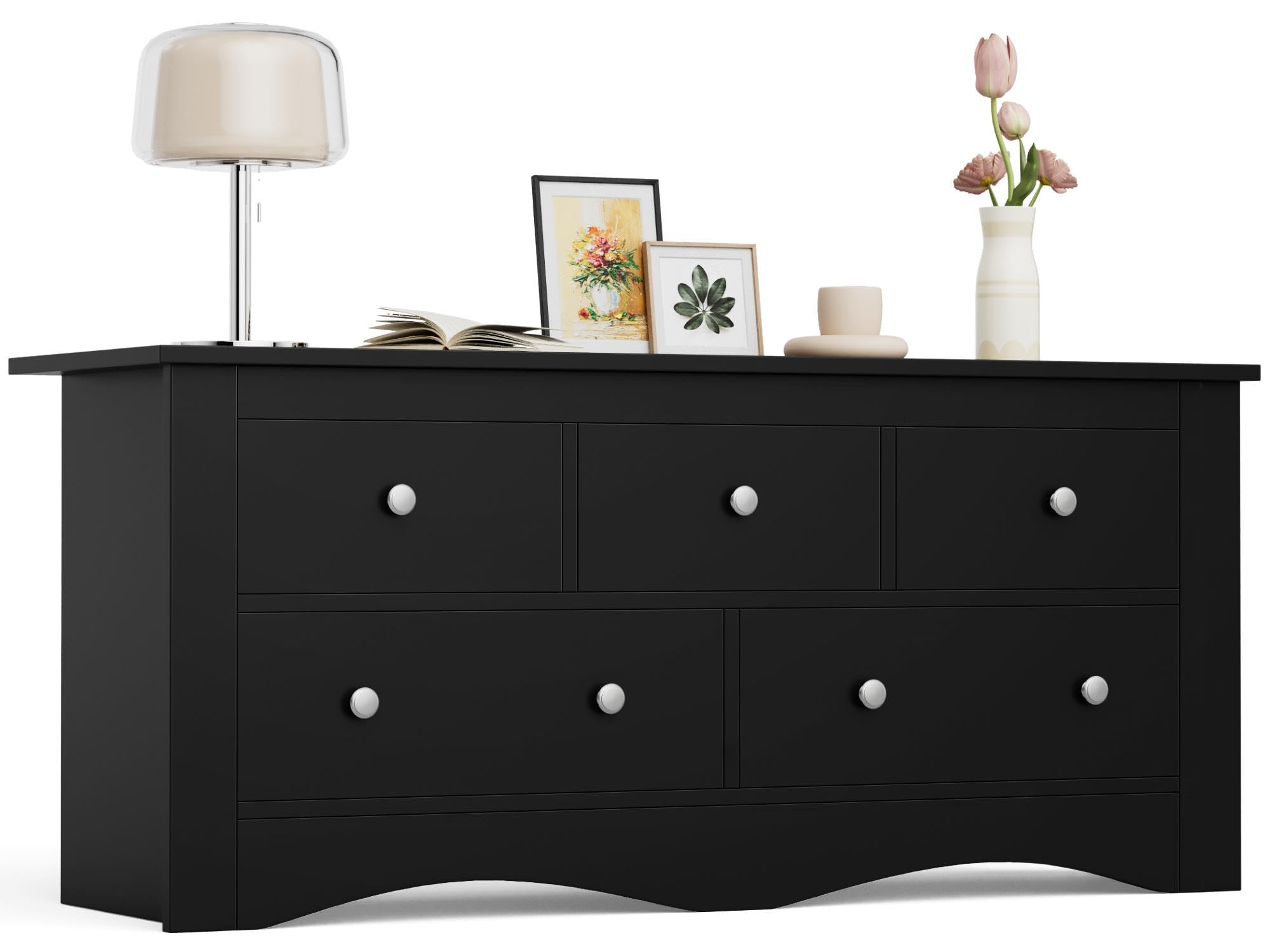 Furmax Dresser for Bedroom, 5 Wood Dresser, Chest of Drawers, for TV up to 65 inch, TV Stand Storage Chest of Drawers for Hallway Entryway (Black)