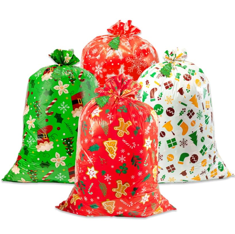 4pcs Large Christmas Gift Bags, Jumbo Holiday Drawstring Gift Bags 36" x 49" Giant Plastic Reusable Present Wrap Bags with Gift Tag Cards for Big Xmas