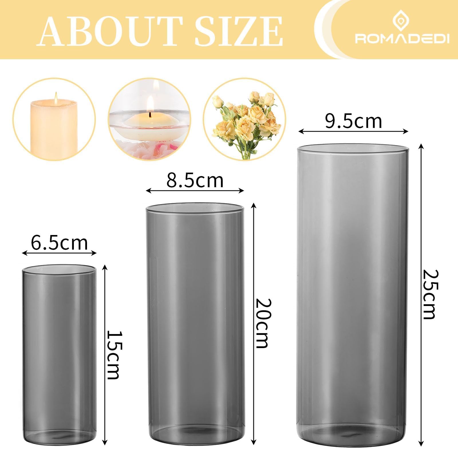 Romadedi Portavelas de cristal con cilindro de cristal: gris portavelas para velas de pilar, velas flotantes, jarrón de cristal, farolillos para salón, mesa de comedor, decoración del hogar