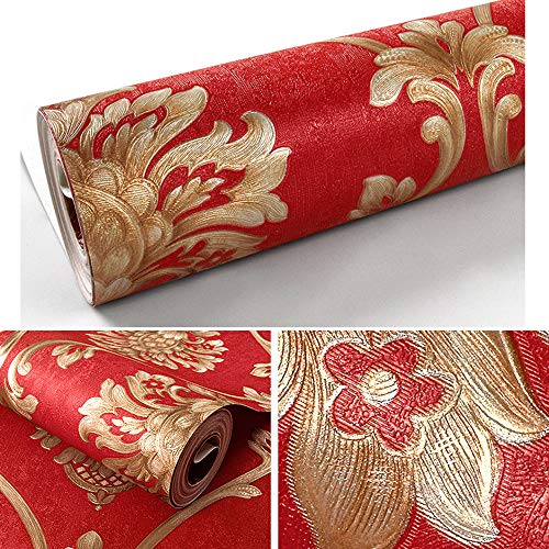 Retro Simplicity 3D Fine Embossed PVC Wallpaper European Damasks Bedroom Living Room TV Background Wall Shop Decoration Clothing Store Studio Coffee Shop Hotel 1.73'W x 32.8'L Non-Pasted (Red) - Image 2