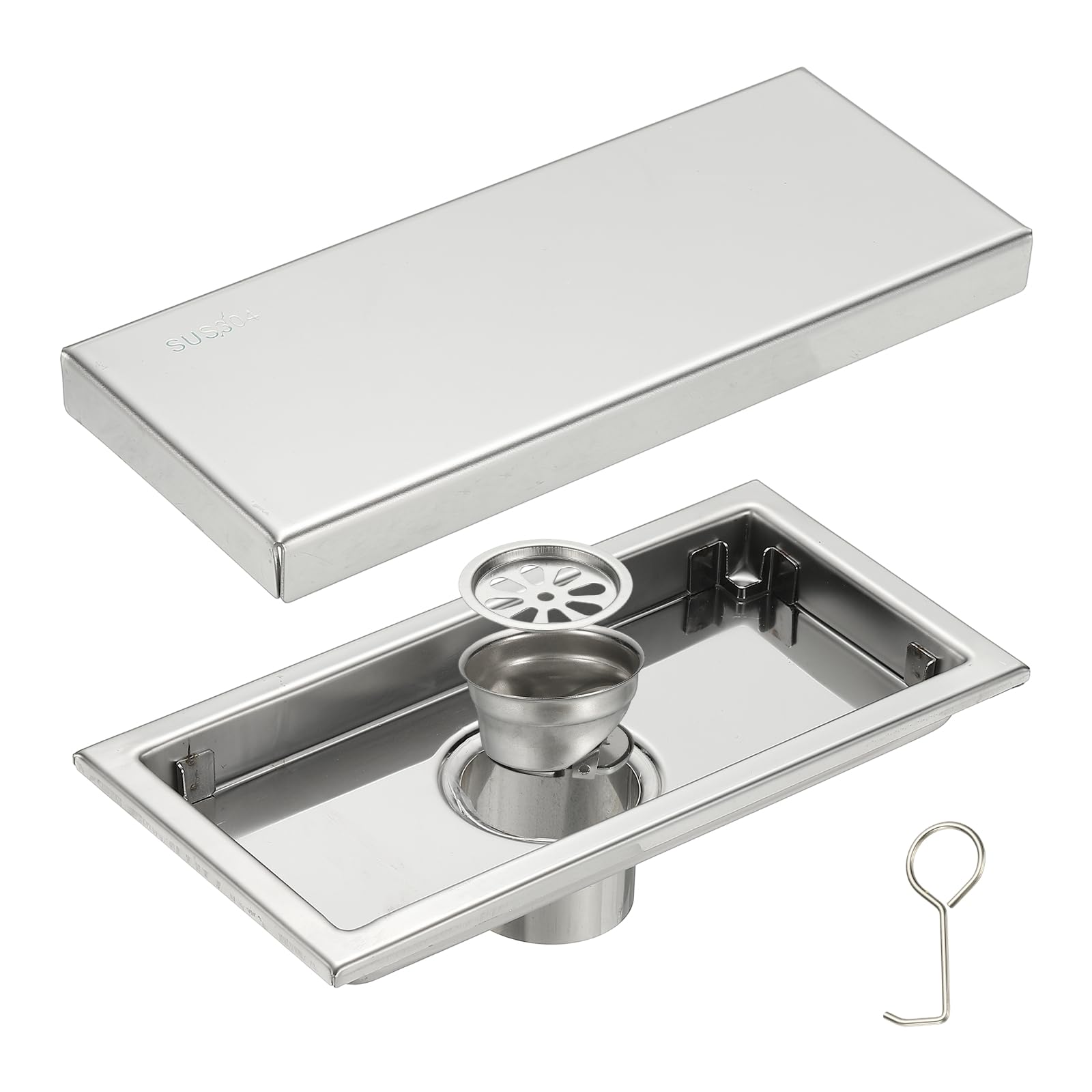 sourcing map Rectangular Shower Drain, Brushed 304 Stainless Steel Odor-proof Floor Drain Linear Shower Drain Hair Catcher for Bathroom Kitchen and Laundry Room(8 Inch, Bright Silver)