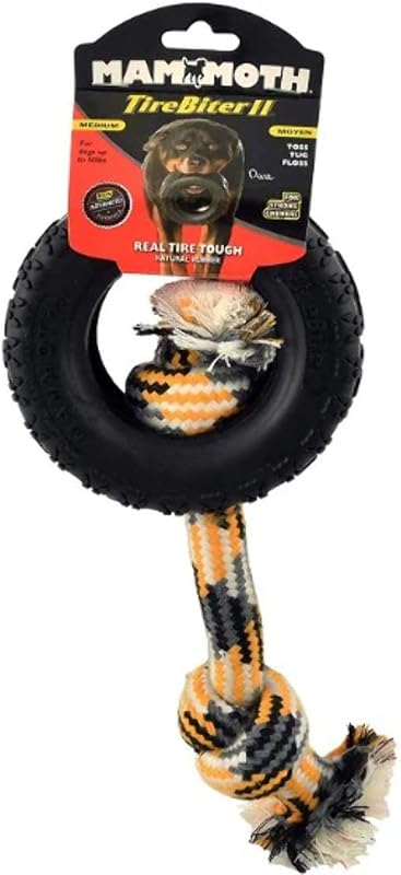 Mammoth Pet Products TireBiter con cuerda de algodón y poliéster – Juguetes de goma natural para perros para masticadores extremos – Juguetes para perros para juegos interactivos extra largos – Juguetes masticadores agresivos para perros pequeños – medianos – Mediano 5 pulgadas