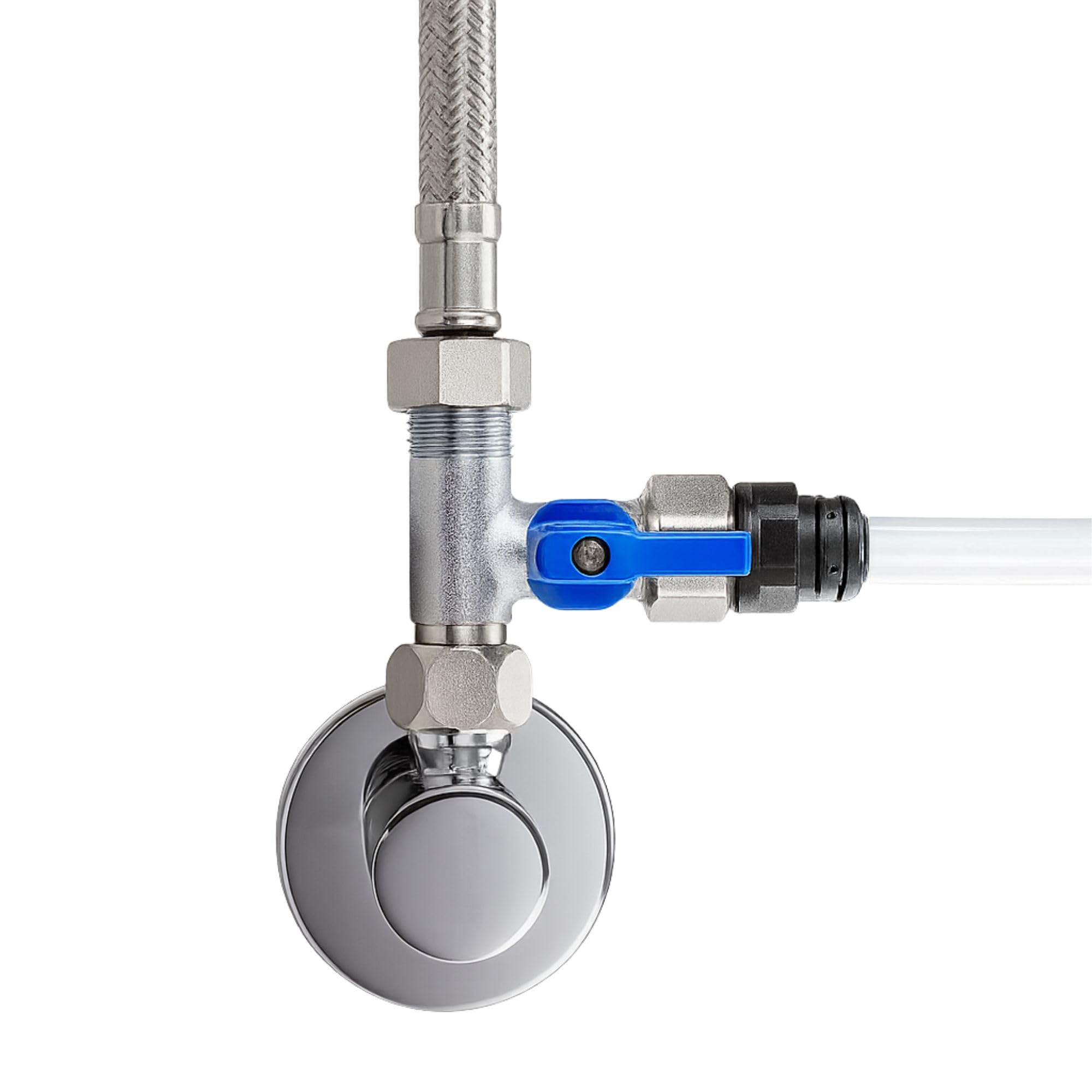 Absperrhahn, Absperrventil Adapter T-Stück zum Anschluss von Wasserfilter | Umkehrosmose, Side-by-Side Kühlschränke, Kaffeemaschine | 3/8" AG x 3/8" IG x 3/8" ÜM + Adapter 6 mm Schlauchanschluss