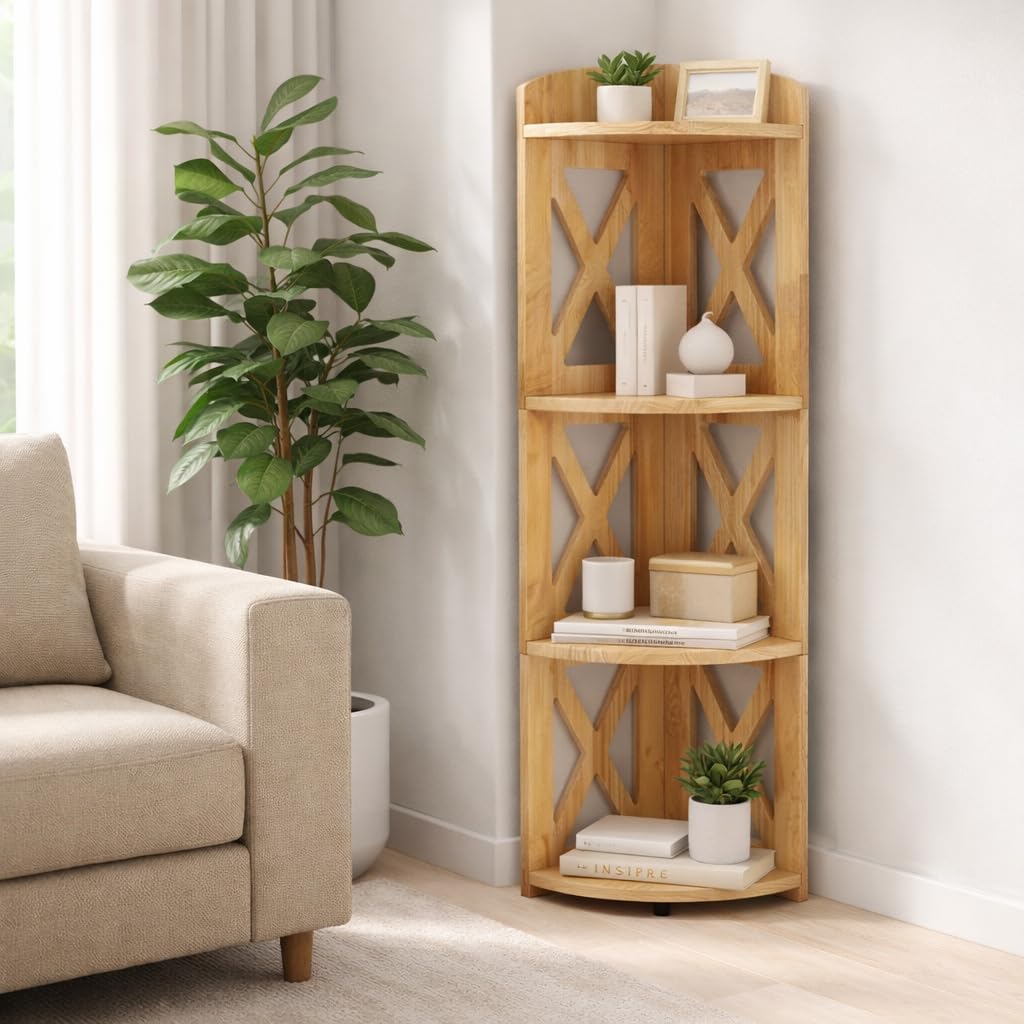 Photo 1 of **FOR PARTS ONLY / MISSING ASEMBLY PIECES*** YCICI 3 Tier Corner Shelf, Wood Corner Shelf Stand, Corner Bookshelf & Corner Bookcase for Small Spaces, Small Corner Shelf Organizer for Living Room, Home Office, Bedroom, (Natural, 4 Tier X)