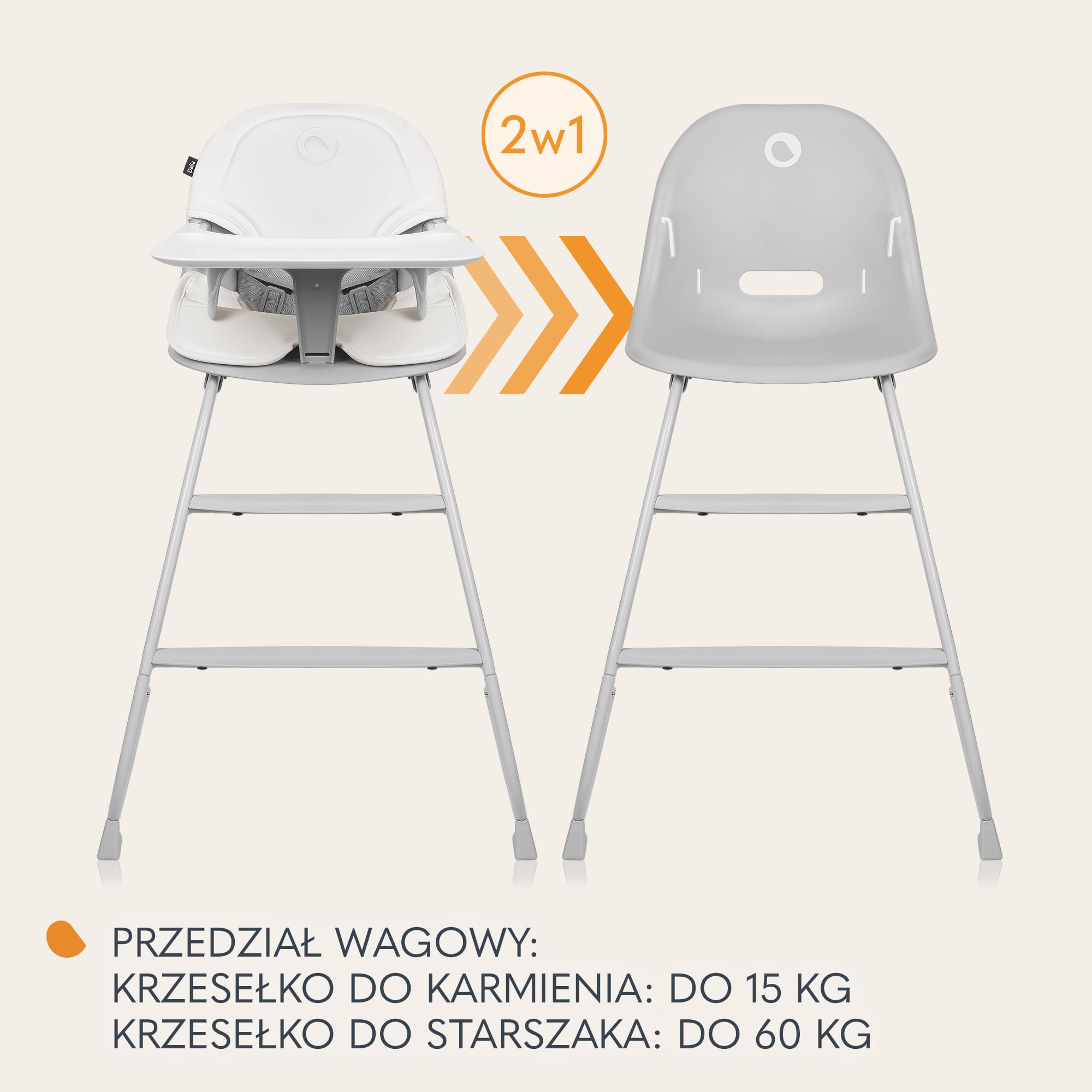 LIONELO DALIA 2 w 1 Krzesełko Dziecięce do Karmienia 6-36 miesięcy 15 kg, Krzesełko dla Starszych Dzieci do 60 kg, 5-Punktowe Pasy, 2 Podnóżki, Taca, Rośnie wraz Dzieckiem (Jansy szary)