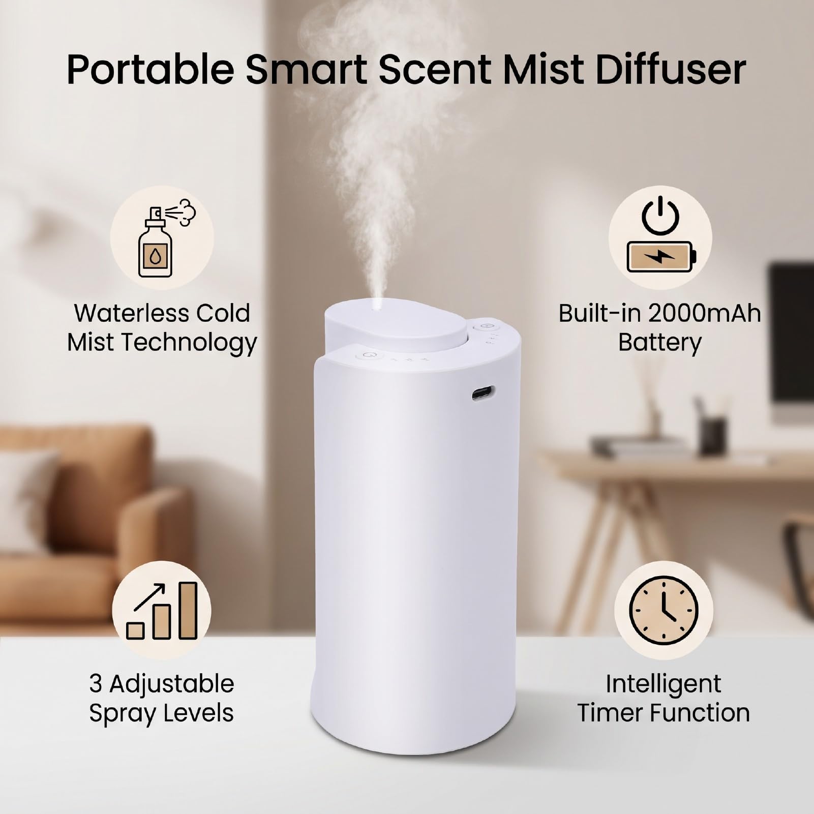 BRRNOO Diffusore Intelligente per Aromi, Nebbia D'Olio Essenziale Senza | Nebbia Fredda Senza Acqua, Timer 1-3 Ore, Luce Notturna, Portatile per Auto Scrivania Ufficio Bagno, Batteria 7-15 giorni.