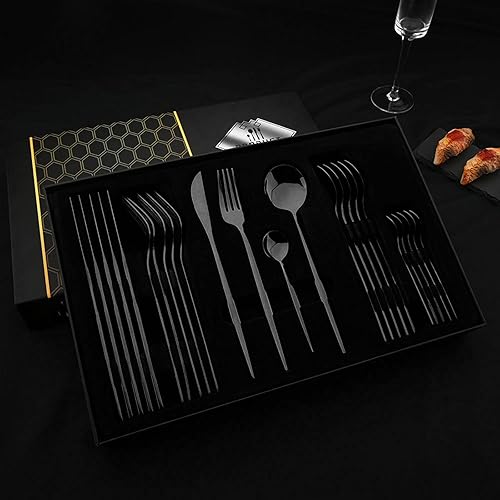 Miniatura 2 de JASHII Juego de cubiertos de 24 cubiertos de acero inoxidable negro con caja de regalo premium, regalo de Houswarming con cuchillo, tenedor, cuchara