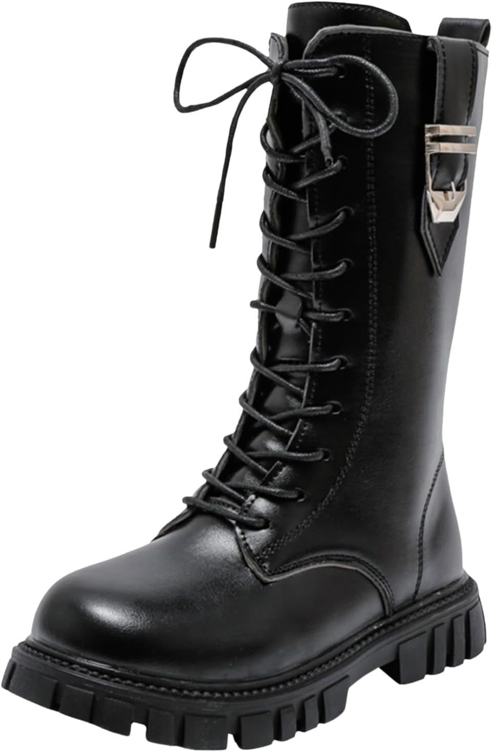 Girls Black Buckle Knee High Riding Boots Warm Faux Fur Lined Side Zipper Lace Up Winter School Shoes Casual Outdoor Walking Leather Boot Easy-to-Slip-On Fashion Girls Boots