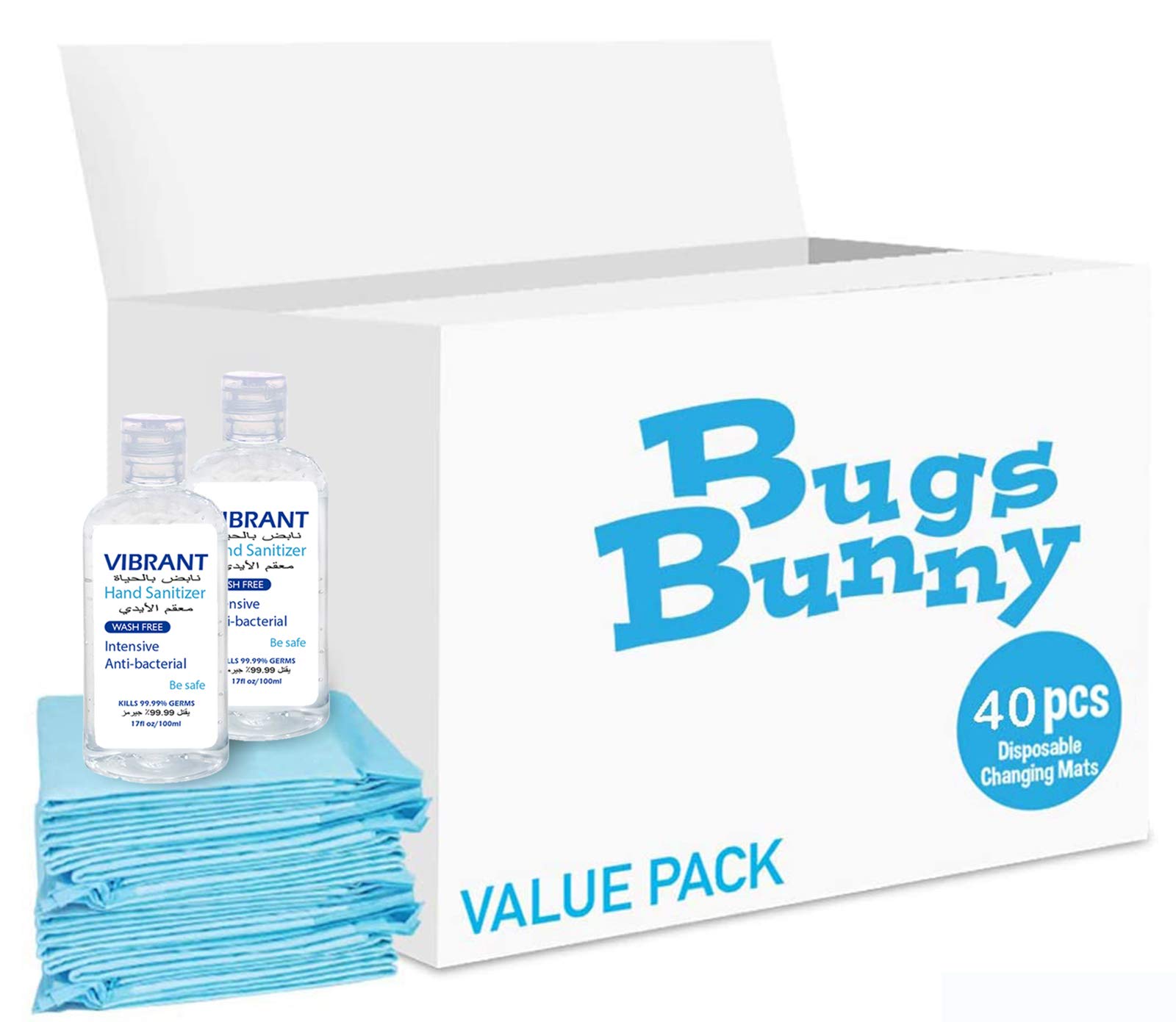Bugs Bunny Disposable Changing Mats Value Pack (40 Pcs) With Hand Sanitizer 100ml (X2), Pad, Baby Pet Training Diaper Mat, Nappy Pad