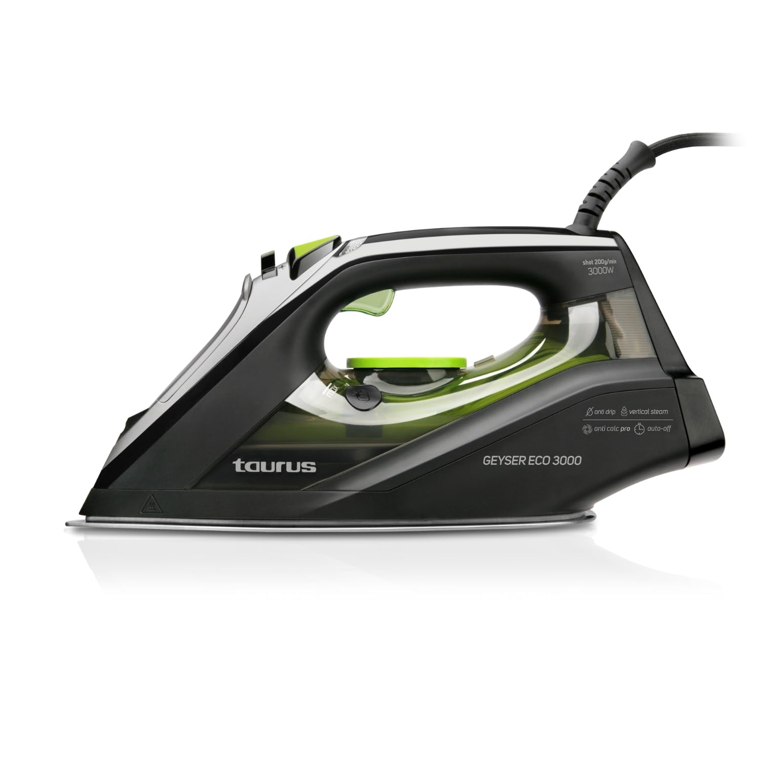 Taurus - Plancha de Vapor Geyser Eco 3000 | 3000w | 200 g/min | Punta de precisión | Regulador de vapor y temperatura | Suela anodizada ultradeslizante | Negro