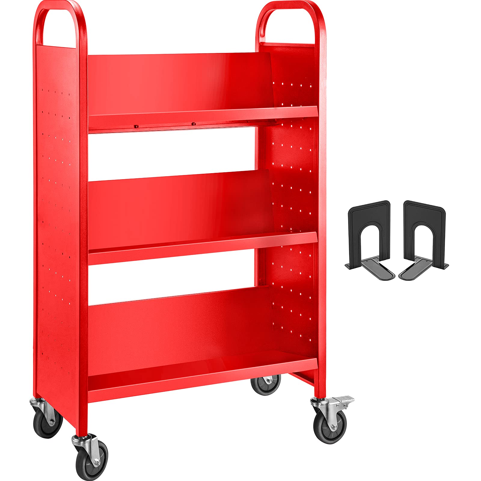 VEVOR Book Cart, 200LBS Library Cart, 49.2''x29.5''x13.8'' Rolling Book Cart, Single Sided V-Shaped Sloped Shelves with 4'' Lockable Wheels for Home Shelves Office School Book Truck, Red