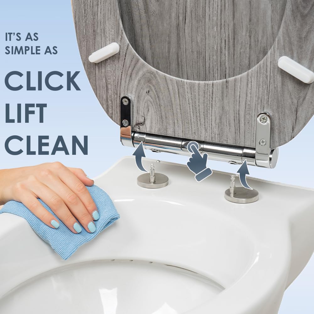 AQUALONA AQUALONA® Luxury Grey Oak Effect Toilet Seat - Soft Close MDF Moulded Wood Seat with Quick Release Button and Durable Hinges - Comfortable, Easy to Clean and Install with Universal Fittings in use