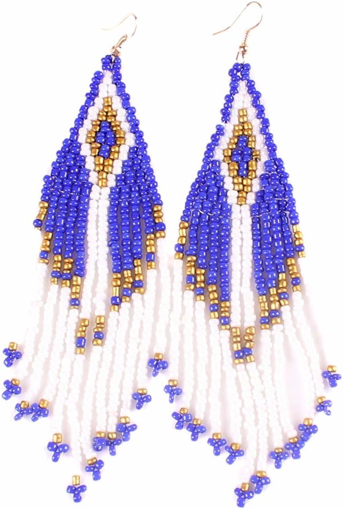 Triangle Royal Pyramid Small Beaded Long Tassel Dangle Hook Earrings