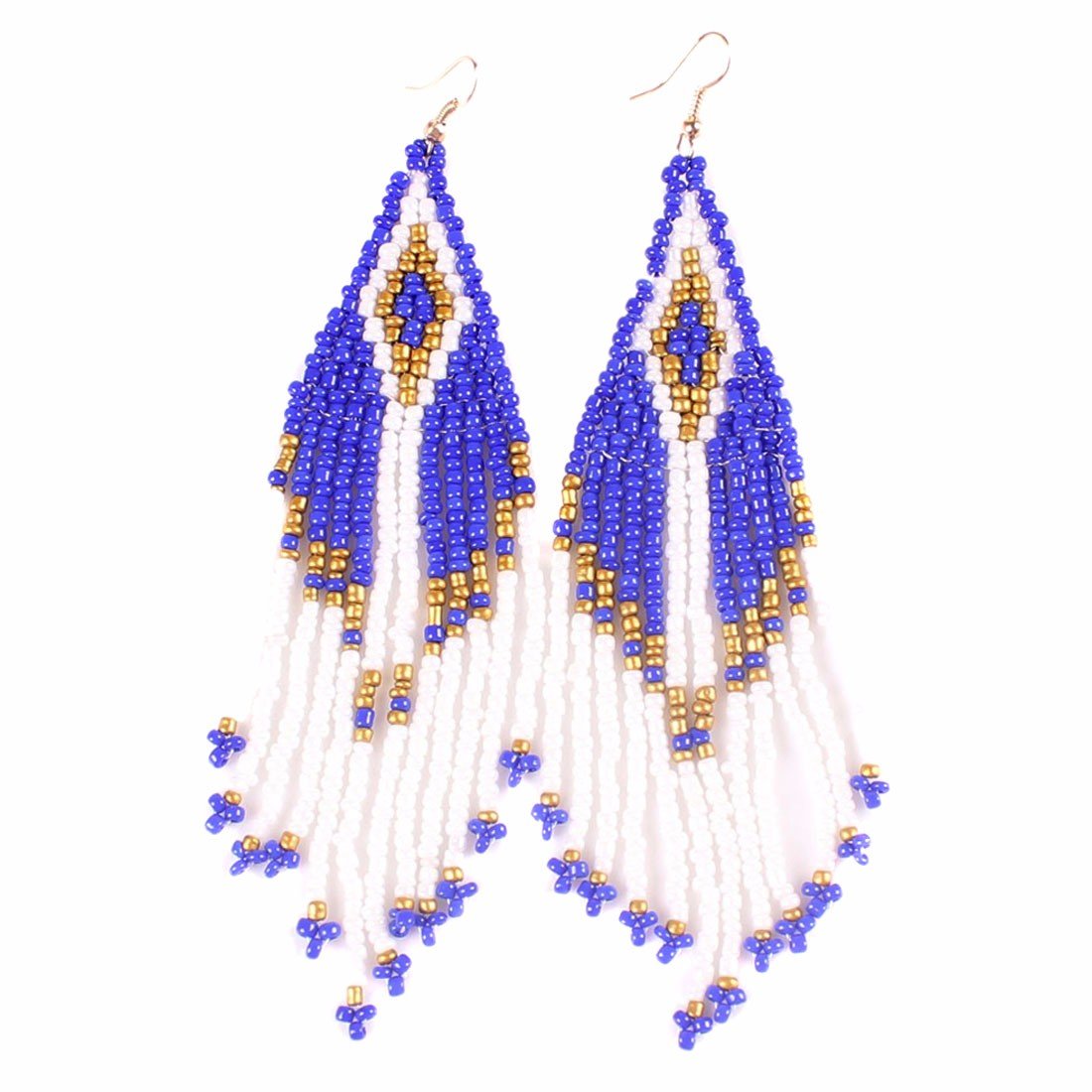 Triangle Royal Pyramid Small Beaded Long Tassel Dangle Hook Earrings