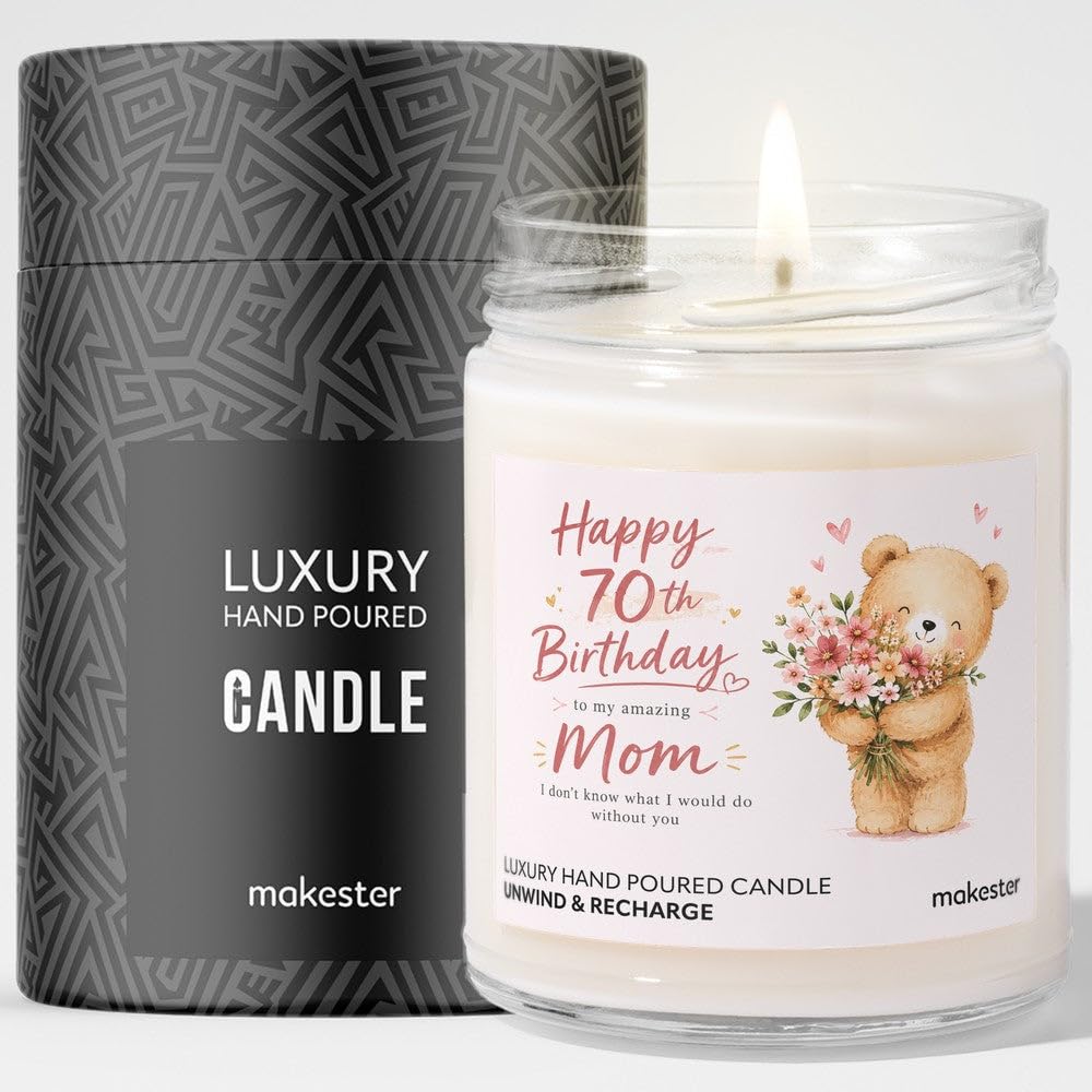 70th Birthday Gift for Mom - Luxury Soy Wax Candle - Vanilla, Jasmine, Sugared Almond - Makester — image 1