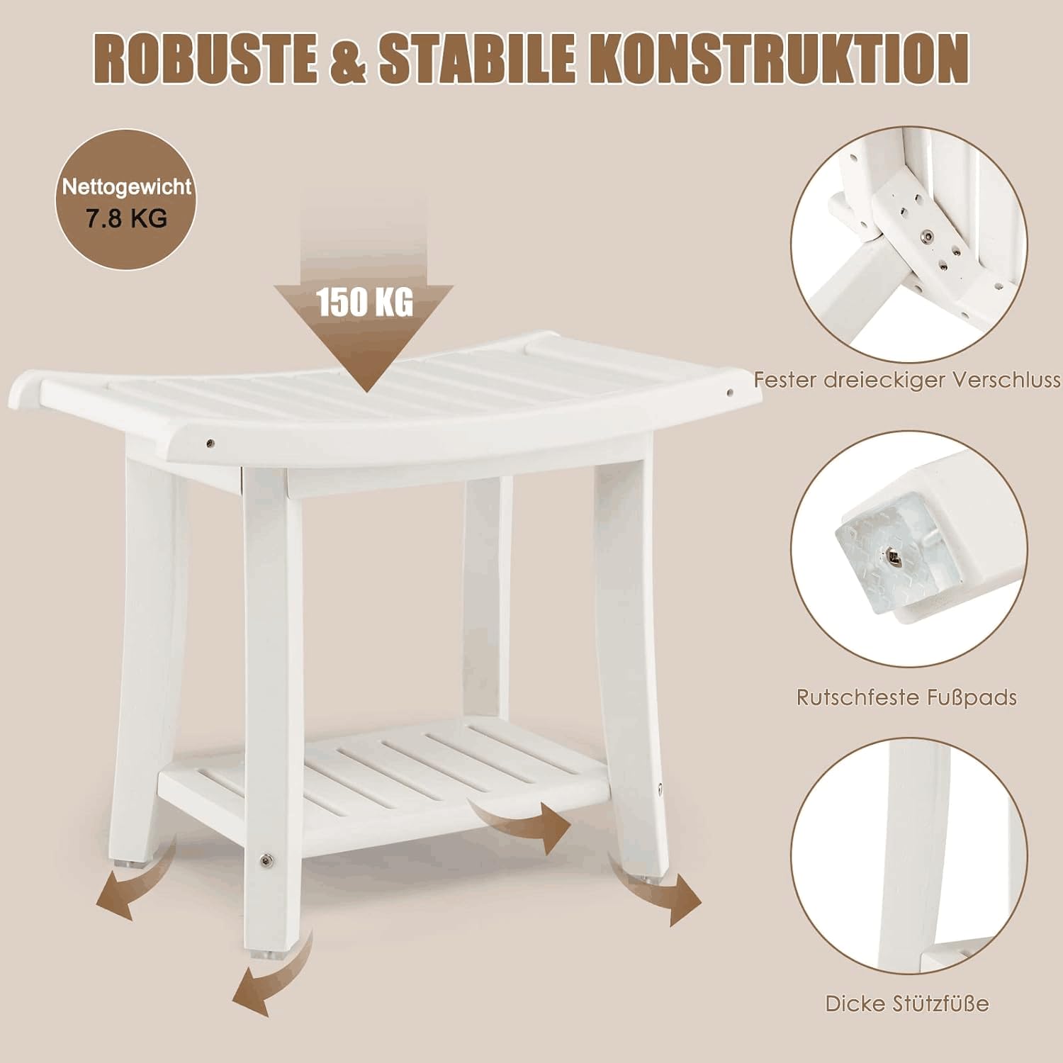 RELAX4LIFE Duschbank, Badezimmerbank mit Ablage Handtuchhalter, Badhocker mit Rutschfesten Füßen, Duschstuhl bis 150kg Belastbar, Duschsitz für Alte Schwangere, 60,5 x 34 x 48 cm, Weiß