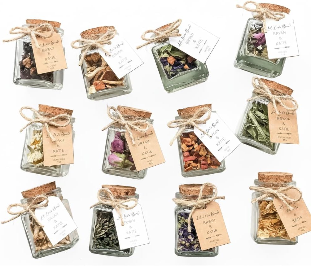 Personalized Wedding Party Tea Favors for Guests - Custom Mini Glass Jars with Cork Lids - Bridal Shower Favors, Baby Shower Favors for Guests, Party Favors, Tea Party Favors, Wedding Gifts Bulk (30)