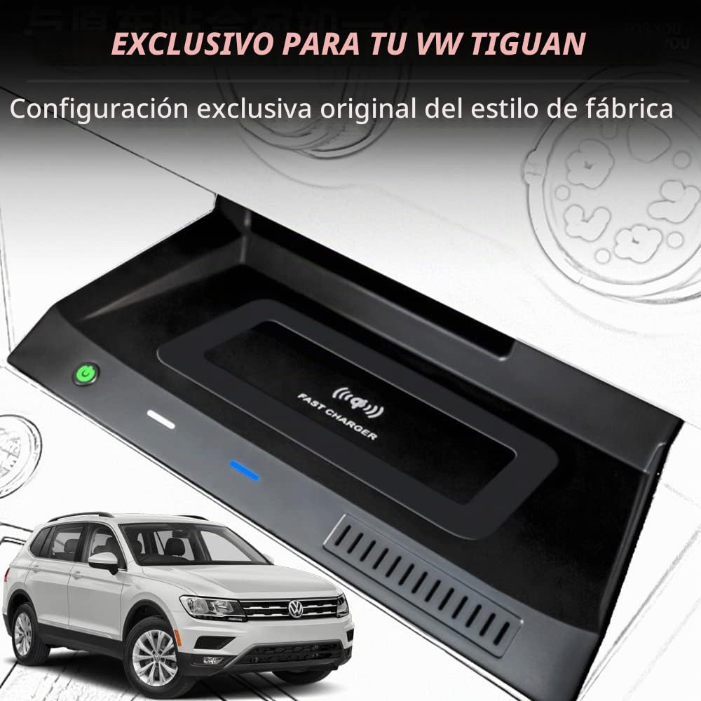 Cargador Inalámbrico Coche para VW Tiguan 2018 2019 2020 2021, 15W Qi Carga Rápida Auto Teléfono Cargador para Volkswagen Tiguan Consola Central Accesorios, Regalo para Tiguan Propietarios