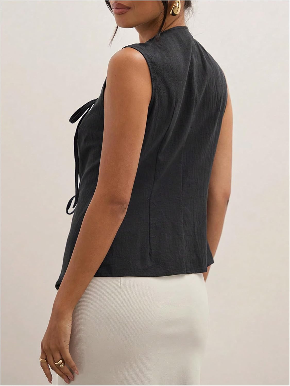 Milumia Women's Bow Tie Tank Top Wrapped Sleeveless Split Hem Summer Causual Linen Vest Tops - Image 2