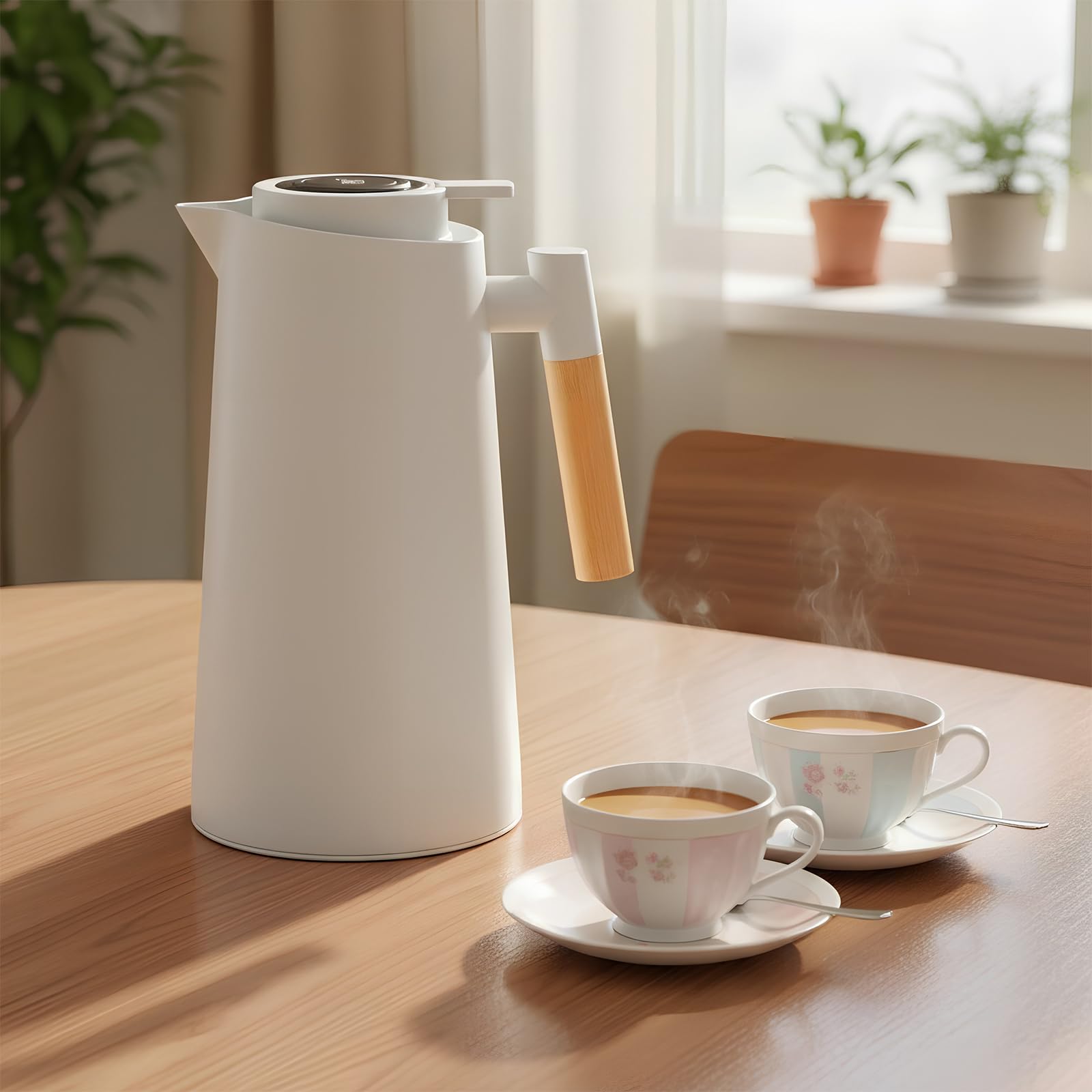 Colexy Caraffa Termica da Caffè 1L Thermos con Indicatore di Temperatura Caraffa Termica con Manico in Legno Bollitore per Acqua Isolata Teiera da Tè Mantiene Caldo Freddo Per Caffè Latte Tè (Bianco)