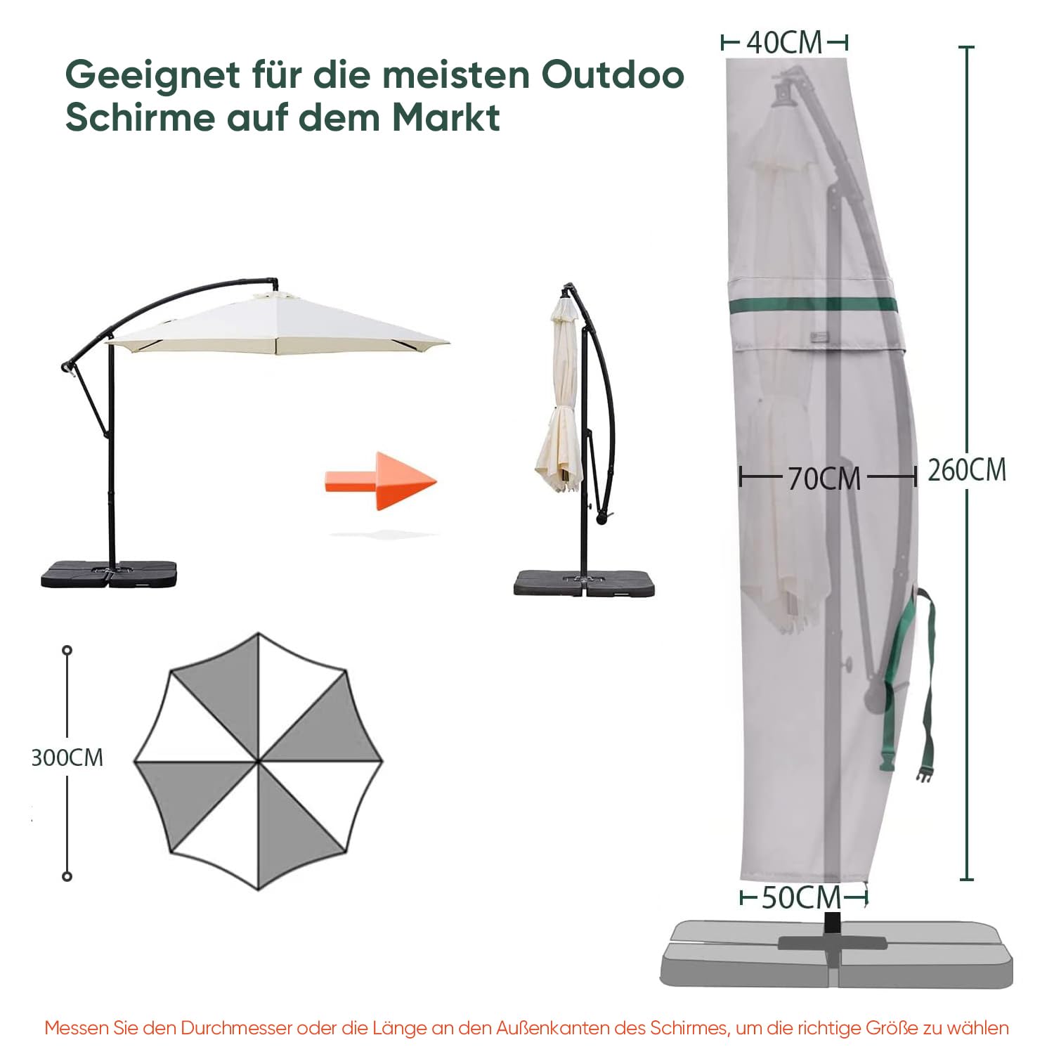 Sekey Housse Parasol Deporte 2 à 4 m, Housse de Parasol Déporté/Patio Jardin, 100% Polyester Imperméable, Anti-UV, Protection Complète,Gris Clair.
