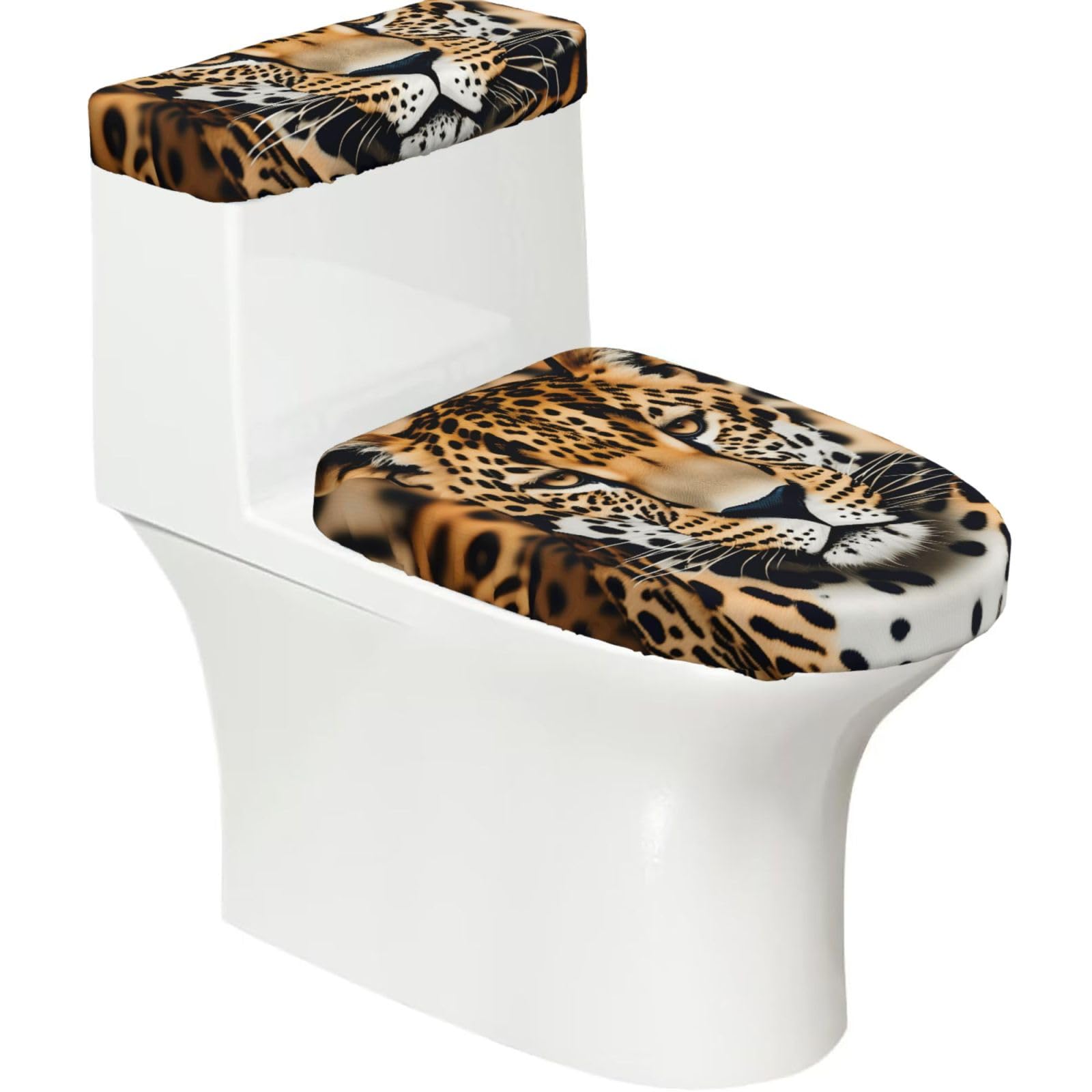 Animal Leopard Printed Toilet Tank and Lid Cover Set of 2 for Most Bathrooms, Fits Elongated Round Toilets