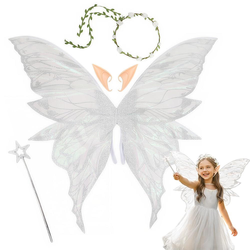 Fairy Wings, Butterfly Wings Adults, Angel Costume Accessories, Sparkling Sheer Wings with Flower Headband Elf Ears Fairy Magic Wand for Adult Women Girls for Carnival Party Cosplay (White)