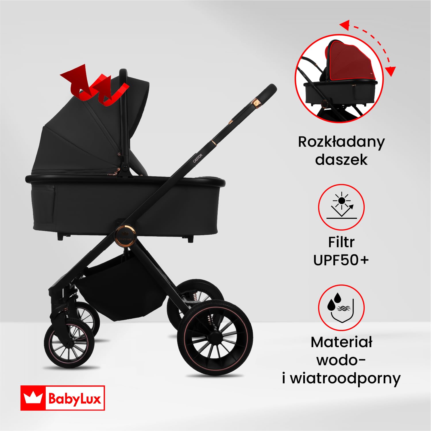 BabyLux Wielofunkcyjny Wózek Dziecięcy 2w1 CASTOR Lekki i Kompaktowy | Gondola i Spacerówka z Akcesoriami, Składana Aluminiowa Konstrukcja Stelaża, Regulowane oparcie, Żelowe Koła, Amortyzacja