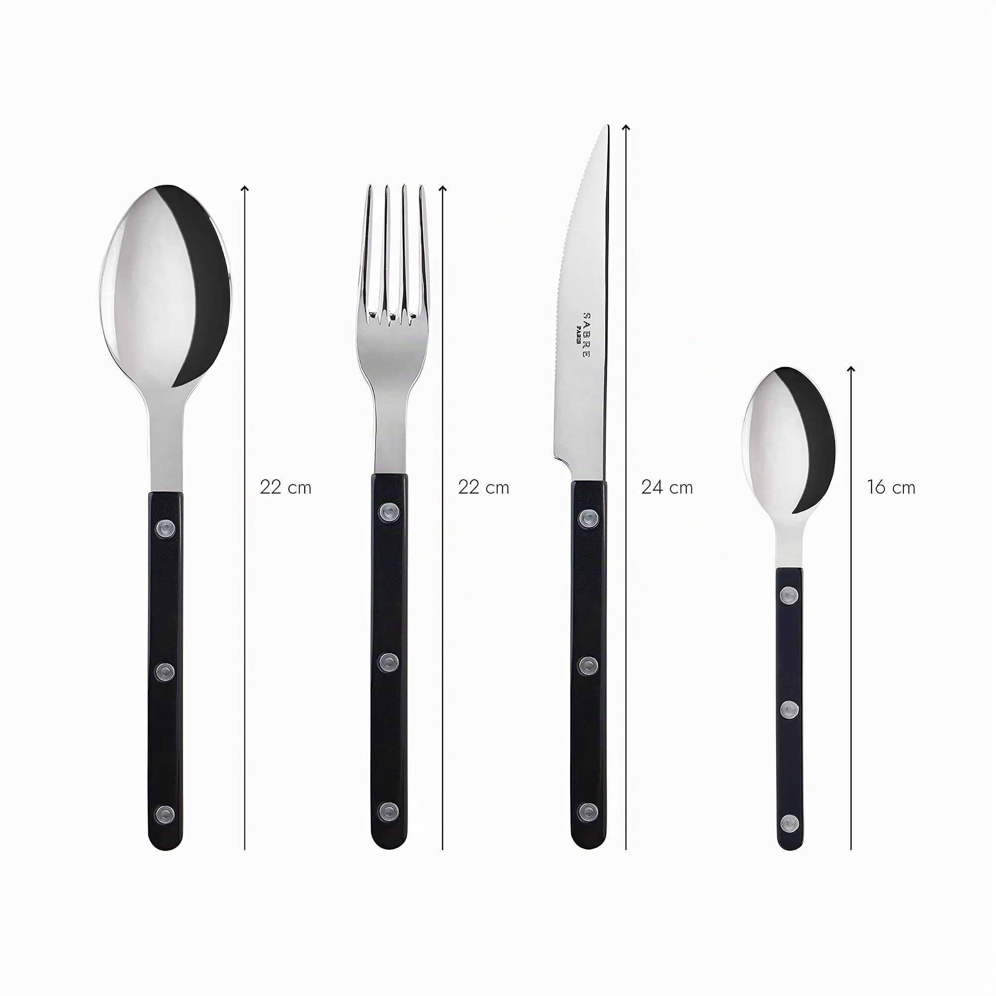 Sabre Paris | Ensemble de couverts de table 4 pièces 24cm Bistrot, couleur Noir et finition brillante. Comprend couteau, fourchette, cuillère à soupe et petite cuillère en Acier Inoxydable.