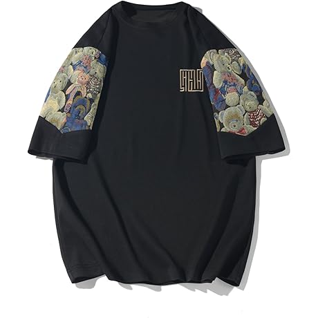 Men's Embroidery T-Shirt Crewneck, Short Sleeve Patchwork Baggy Tops