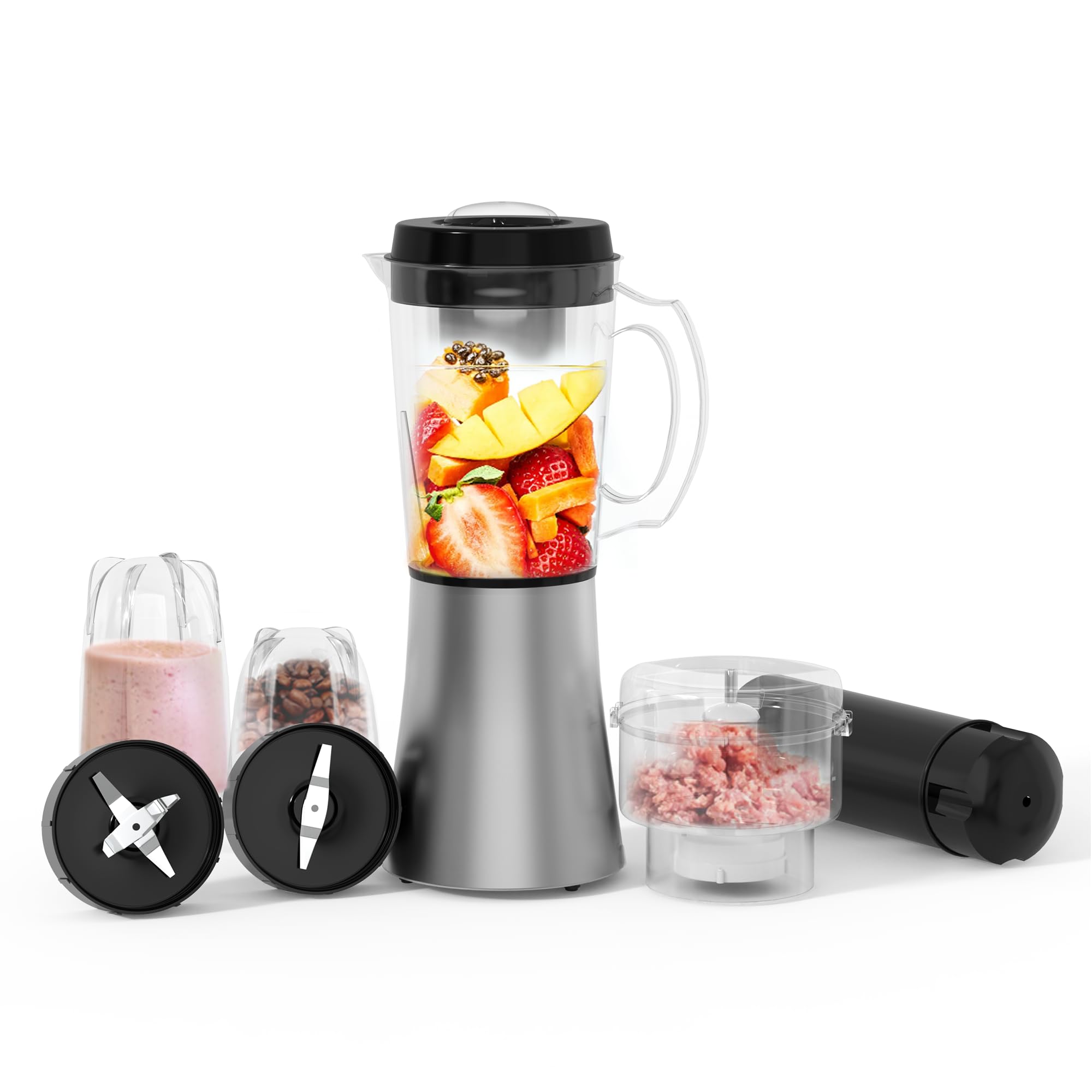 Sponsored Ad – PUREPLUS 4-IN-1 Countertop Food Blender, Mixer Grinder, 200W, 3 blades, 1 Liter Blending Class Jar, Grinder Cup, Chopper Bowl, Juice/Smoothie Maker, Spices/Meat Grinder, High Speed,10 Pieces Set, Grey