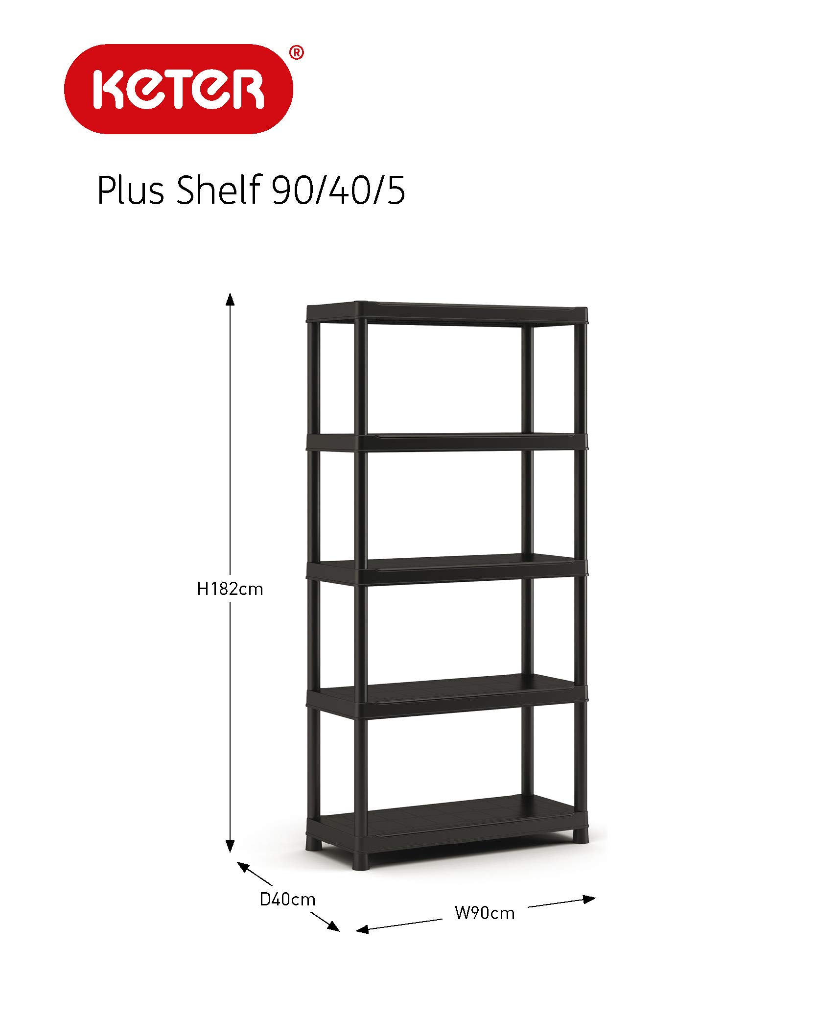 Keter Plus Double SCAFFALE 5 Ripiani PIENI E Doppia Opzione di Montaggio, Nero, 90x40x182 cm