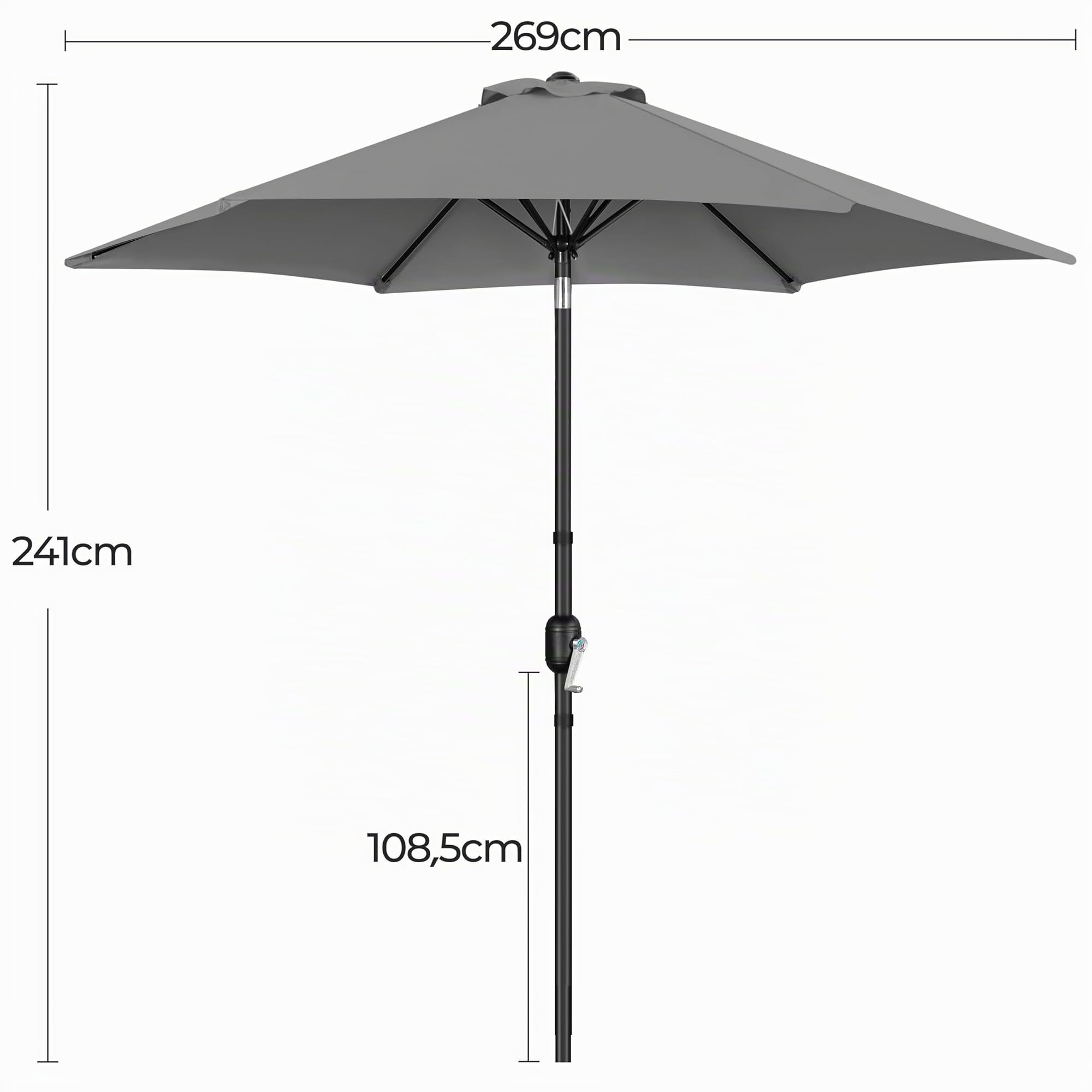 Yaheetech Sombrilla de Jardín con Manivela Inclinable Ø270x241cm Protección UV Columna de Hierro 6 Varillas de Metal para Terraza Exterior Balcón sin Soporte Gris