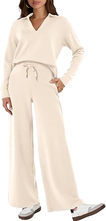 Glamaker Womens 2 Piece Sets Outfits Casual Long Sleeve Sweatsuits Polo Top and Wide Leg Pants Matching Sets