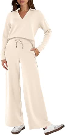 Glamaker Women's 2 Piece Sets Outfits Casual Long Sleeve Sweatsuits Polo Top and Wide Leg Pants