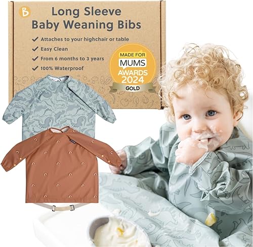BIBaDO - Long Sleeve Baby Bibs - Babies & Toddlers 6-36 Months - Coverall Baby Led Weaning Bib - Easy Wipe, Soft & Waterproof