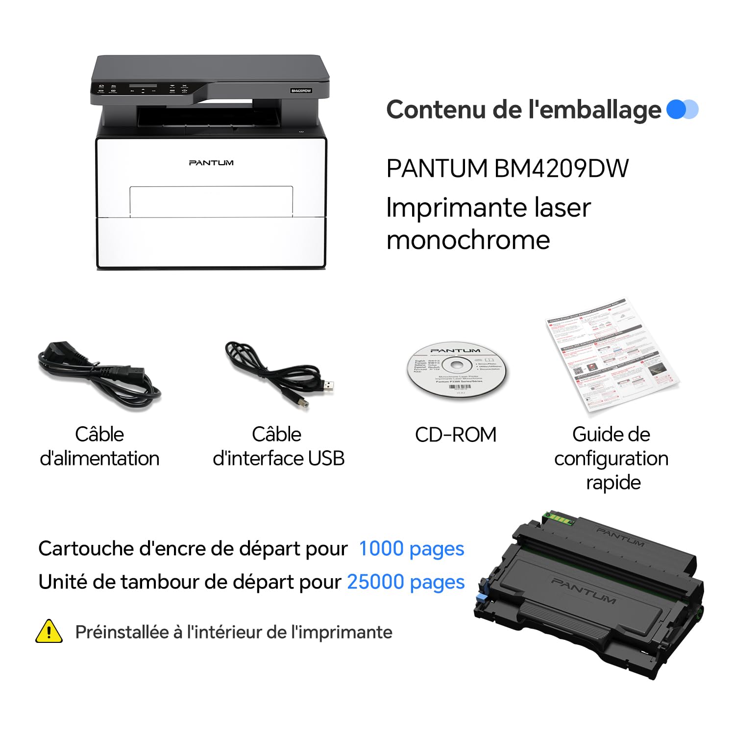 PANTUM BM4209DW Imprimante Laser Multifonction Noir et Blanc Recto-Verso Automatique USB Wi-Fi Airprint Mopria
