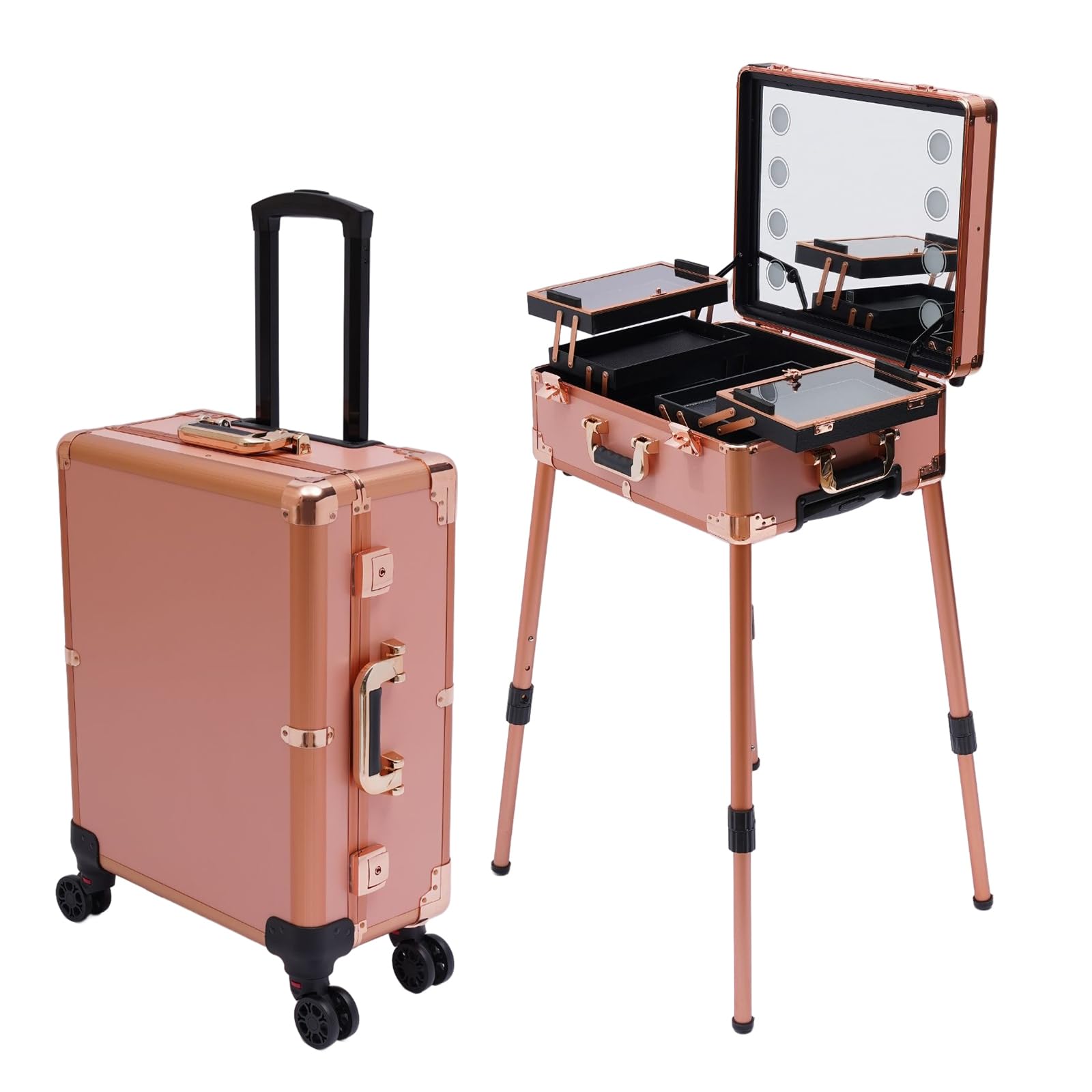 Maletín de Maquillaje Profesional con Luz LED y Espejo, Trolley de Maquillaje con Ruedas 360°, Patas Ajustables, Estación de Belleza Portátil para Maquilladores, Peluquería, Estética y Uñas